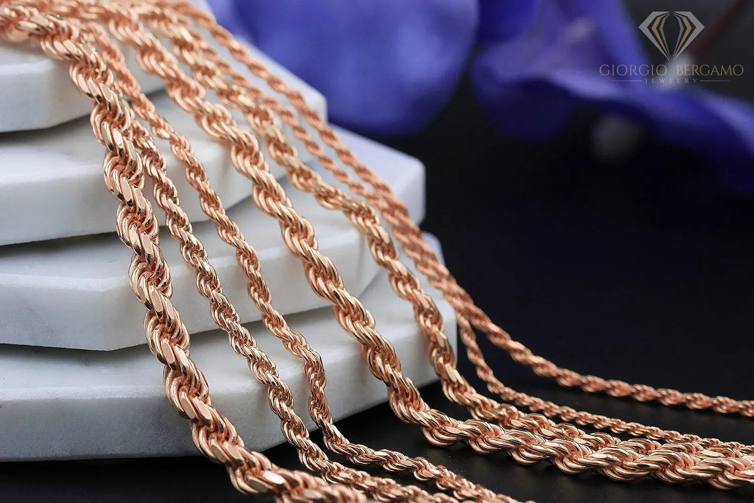 14K Rose Gold 3.5mm Solid Rope Diamond Cut Chain