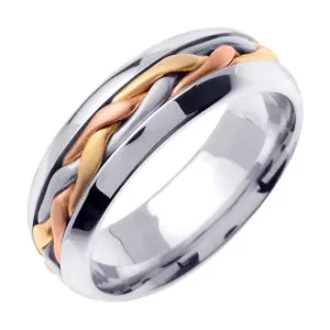 18K White/Tricolor or Yellow/Tricolor Hand Braided Cord Ring Band