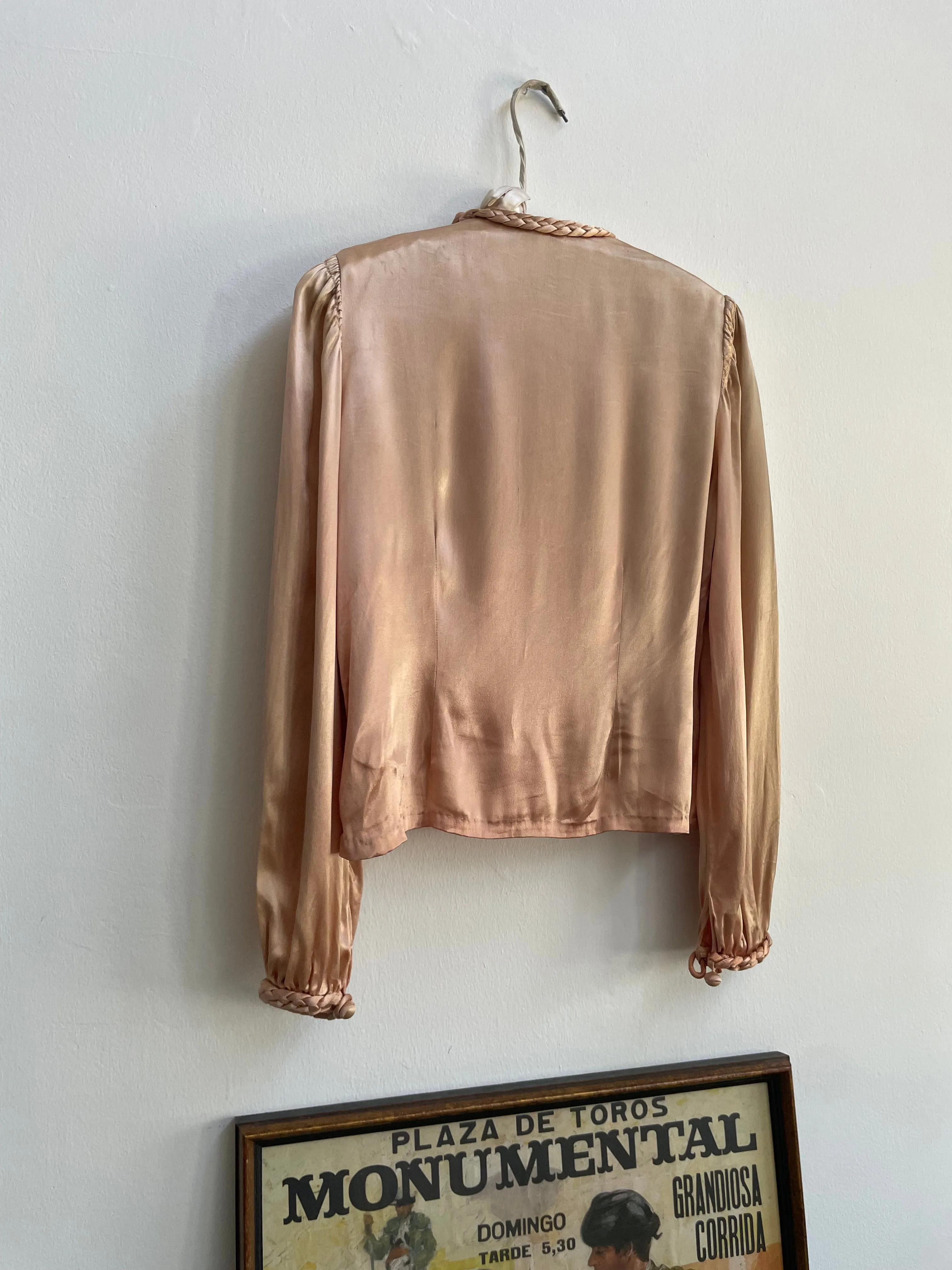 1930s Braided Trim Peachy-Copper Ombré Rayon Satin Blouse