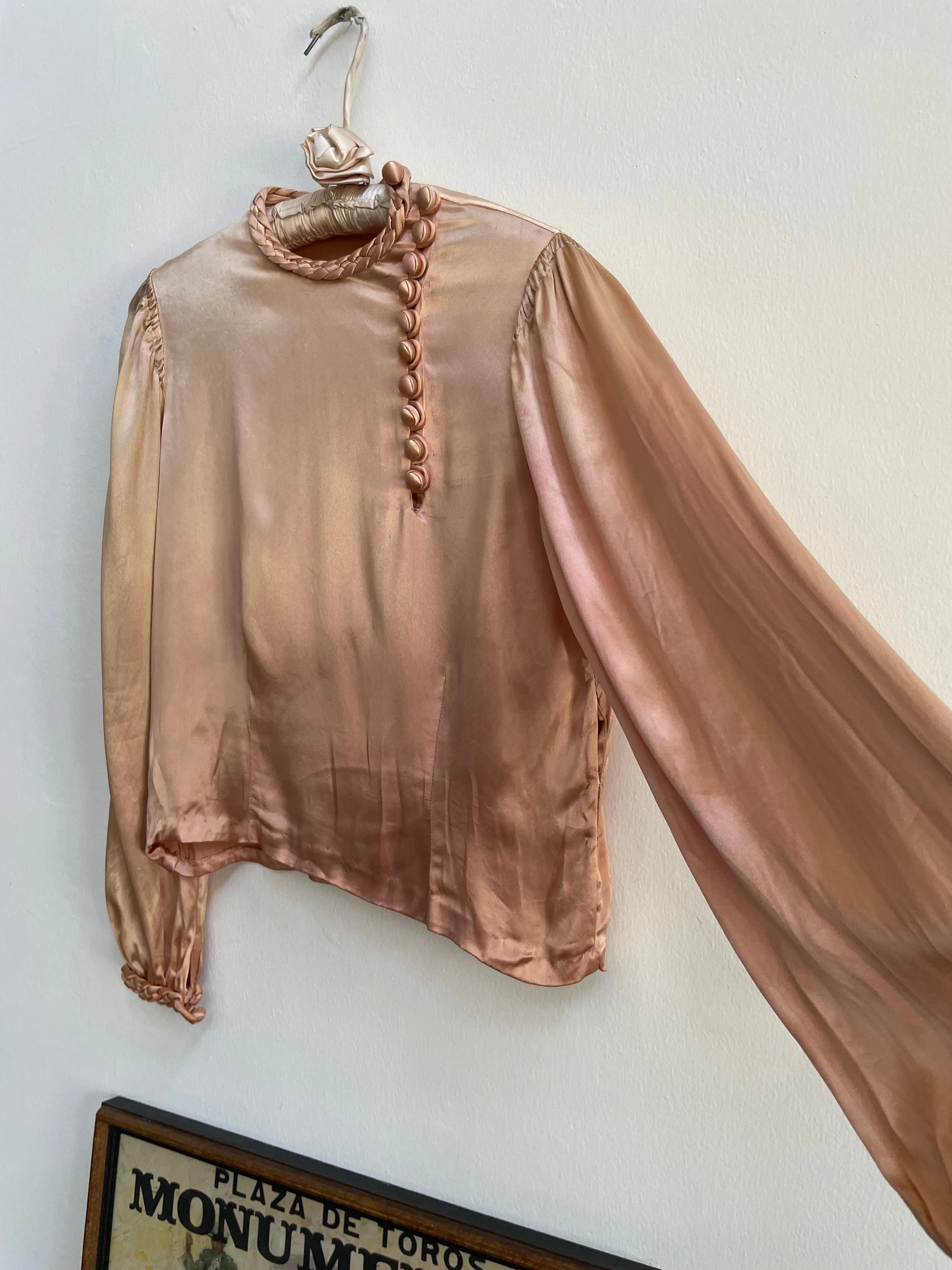 1930s Braided Trim Peachy-Copper Ombré Rayon Satin Blouse