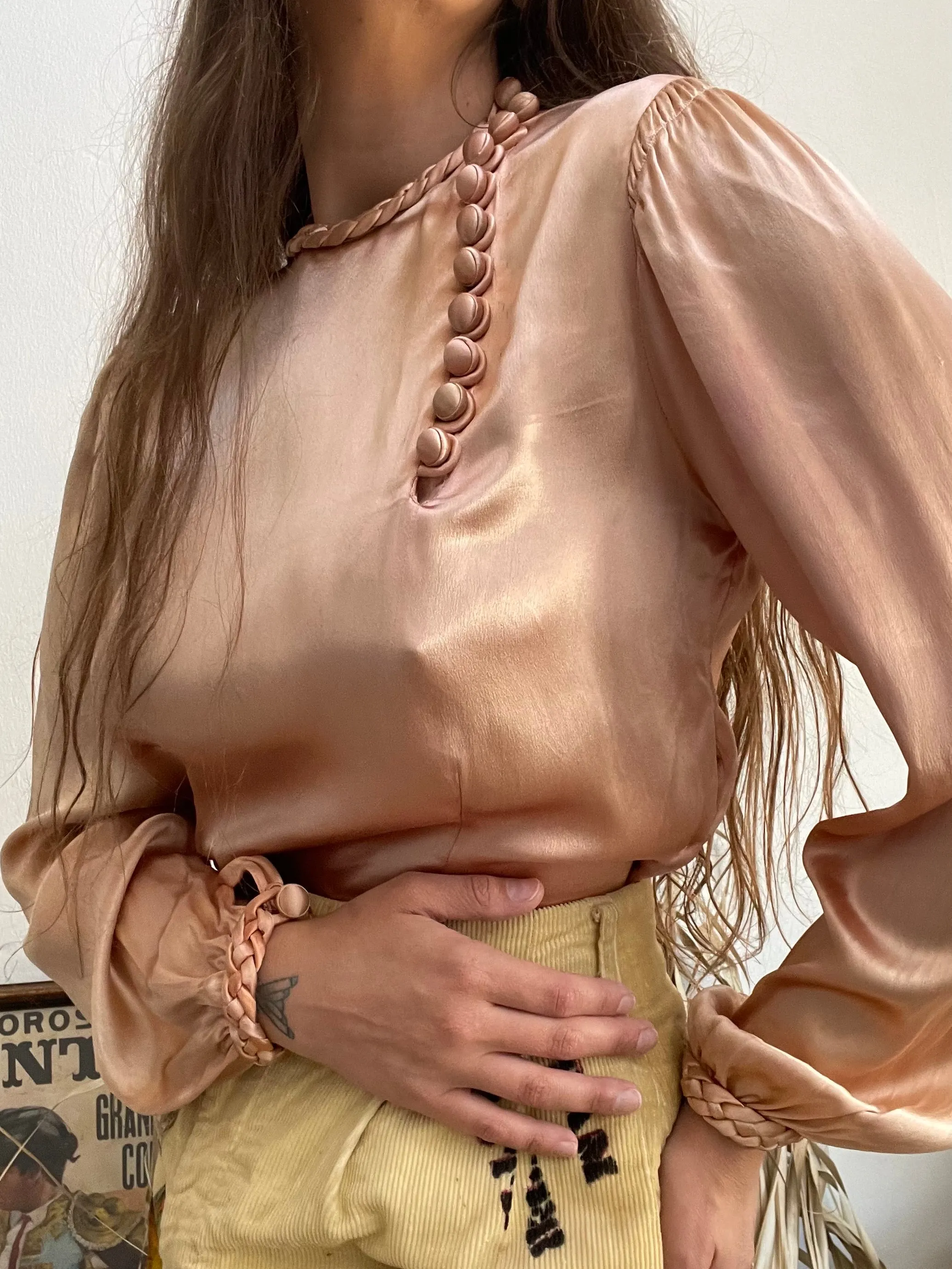 1930s Braided Trim Peachy-Copper Ombré Rayon Satin Blouse