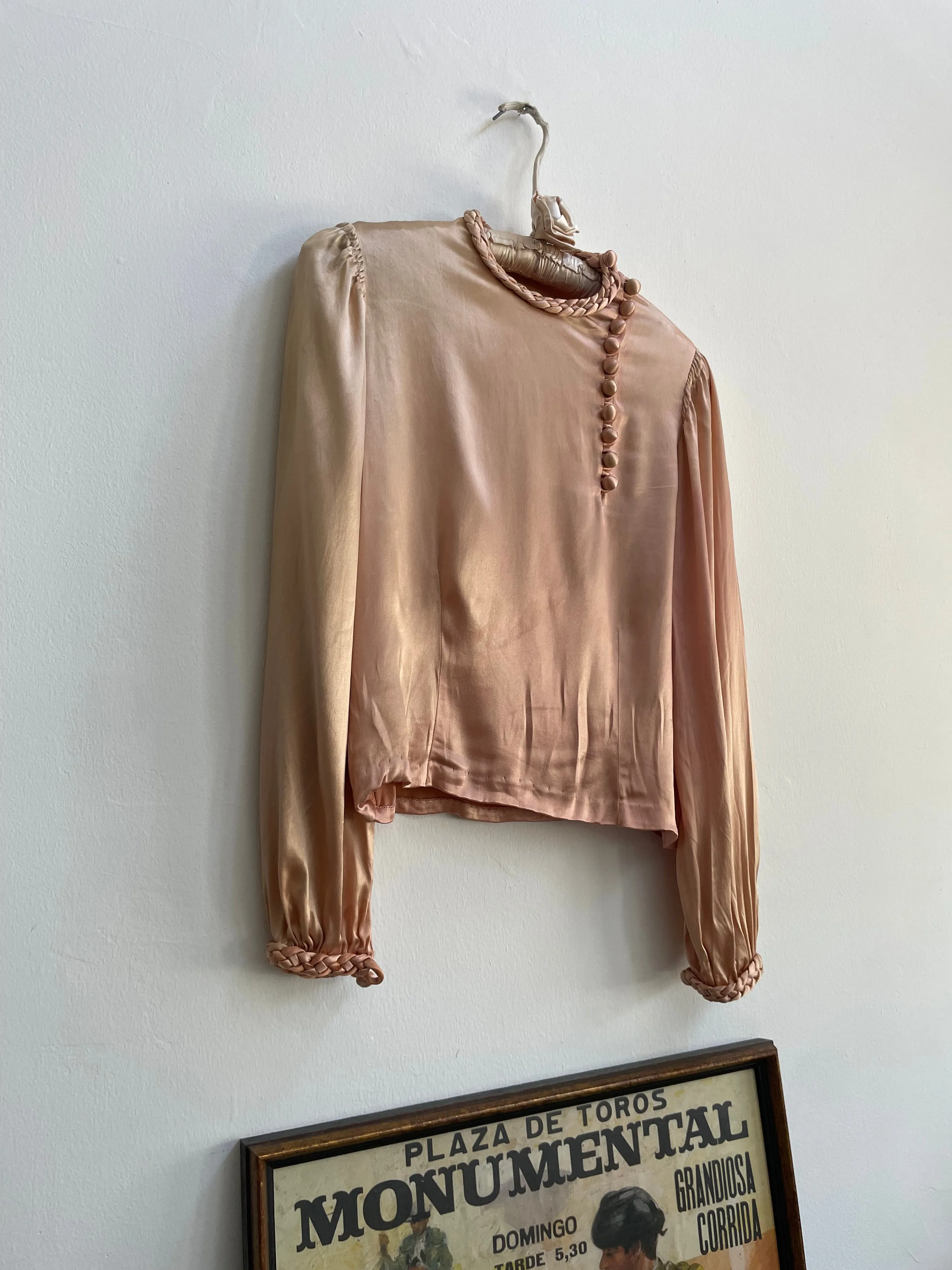 1930s Braided Trim Peachy-Copper Ombré Rayon Satin Blouse