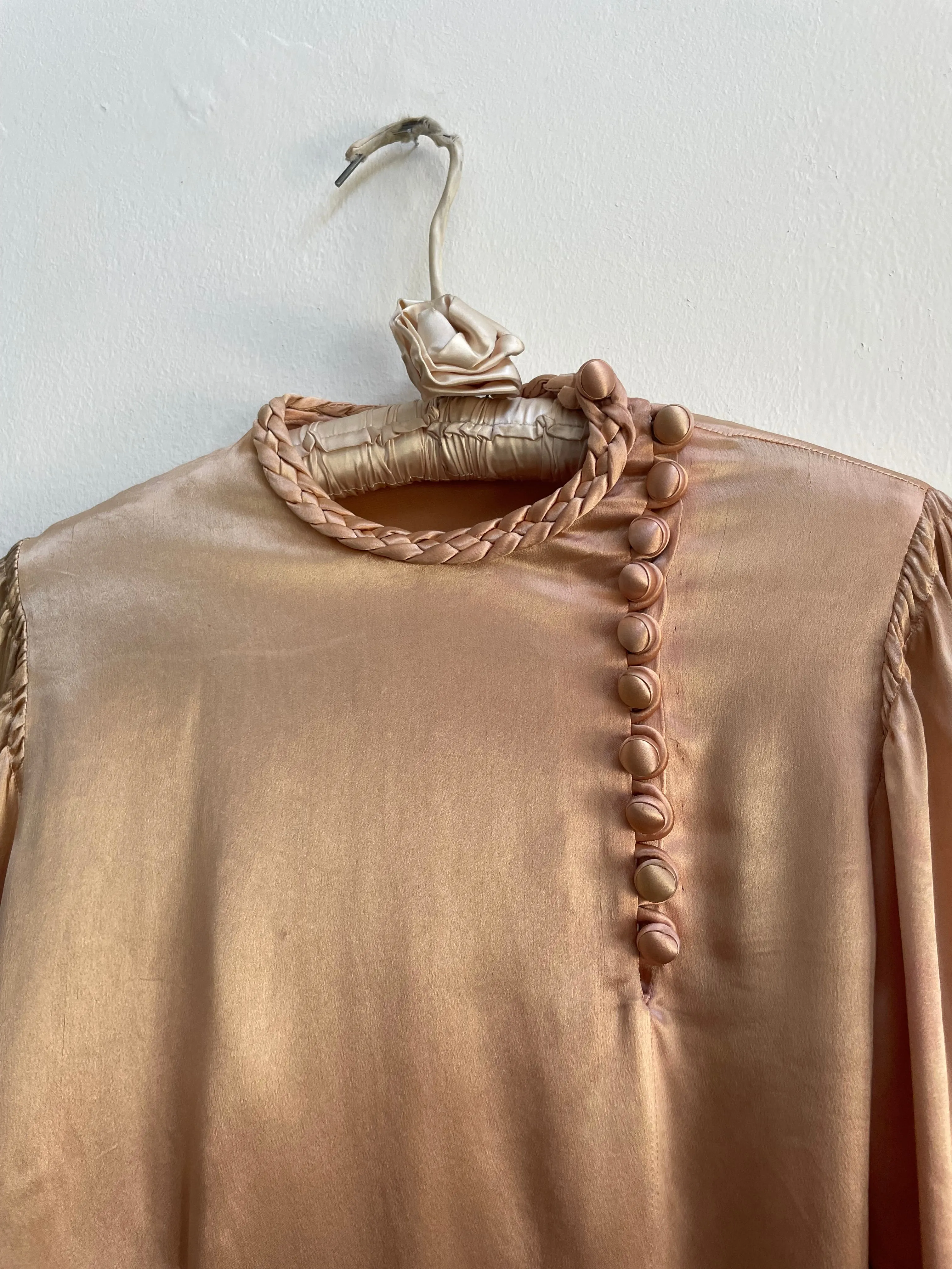 1930s Braided Trim Peachy-Copper Ombré Rayon Satin Blouse
