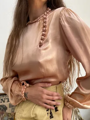 1930s Braided Trim Peachy-Copper Ombré Rayon Satin Blouse
