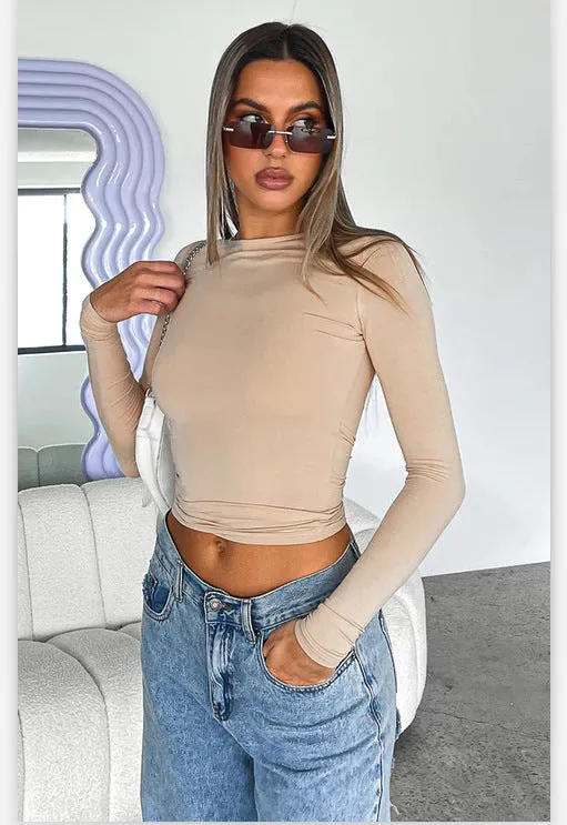 2023 European and American Foreign Trade Spring Women's Clothes New Amazon Solid Color round NeckTT-shirt Slim Fit Women's Long Sleeve Top