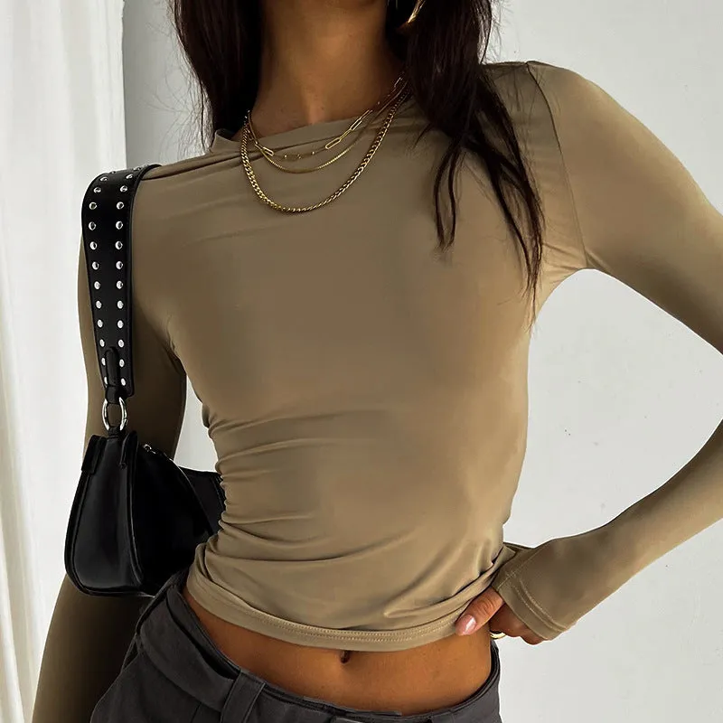 2023 European and American Foreign Trade Spring Women's Clothes New Amazon Solid Color round NeckTT-shirt Slim Fit Women's Long Sleeve Top
