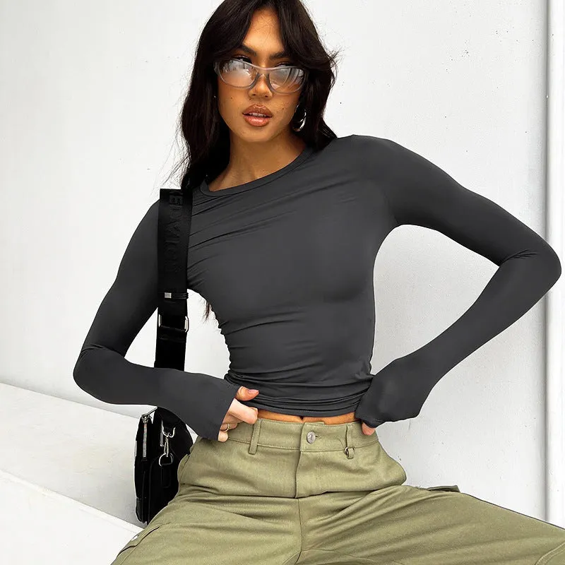 2023 European and American Foreign Trade Spring Women's Clothes New Amazon Solid Color round NeckTT-shirt Slim Fit Women's Long Sleeve Top
