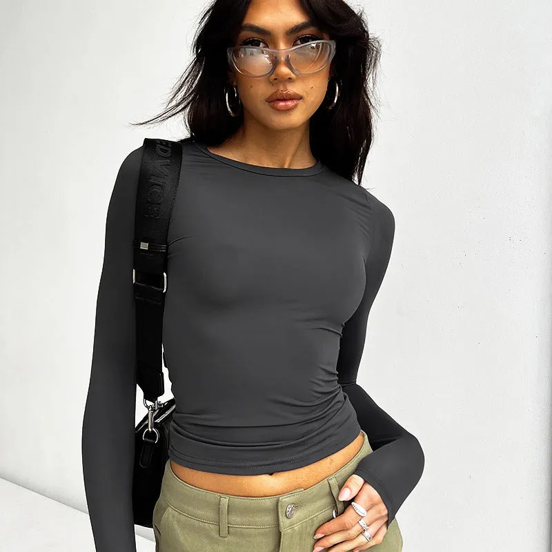 2023 European and American Foreign Trade Spring Women's Clothes New Amazon Solid Color round NeckTT-shirt Slim Fit Women's Long Sleeve Top