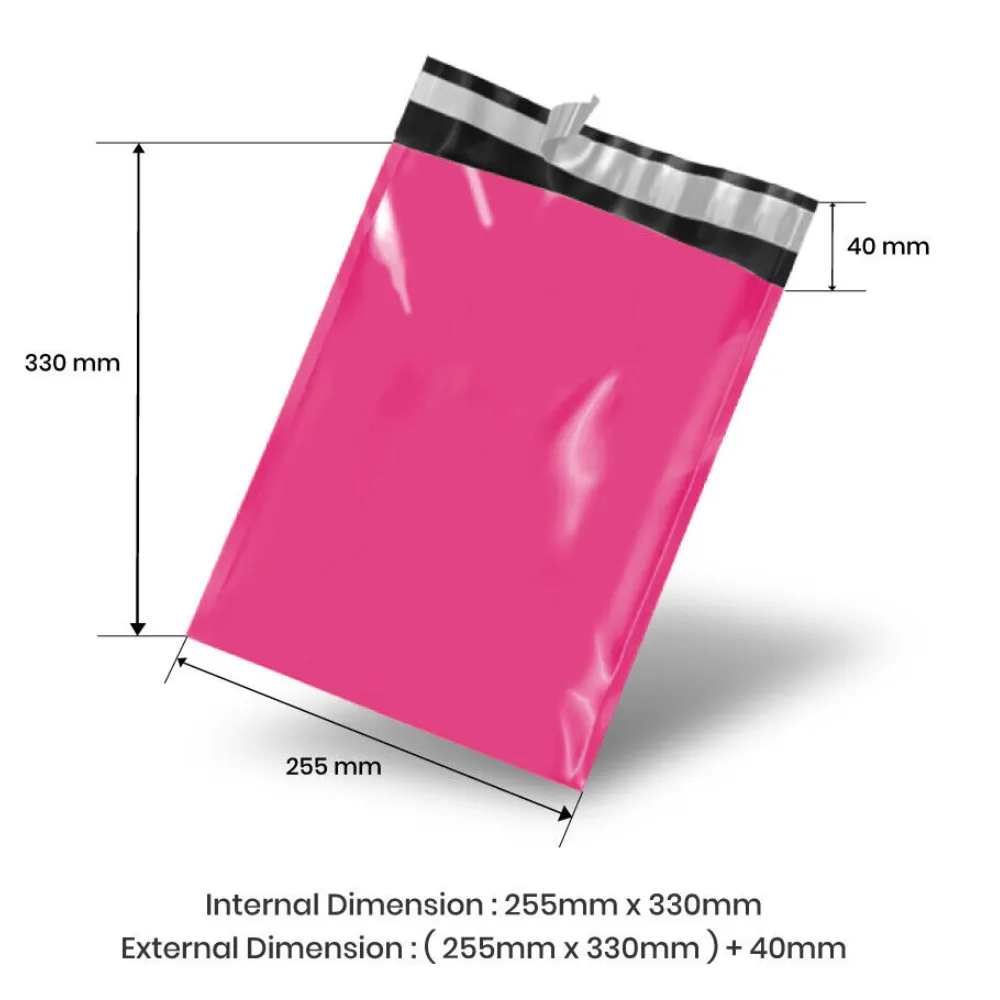 255mm x 330mm   40mm Poly Mailing Courier Satchel Pink
