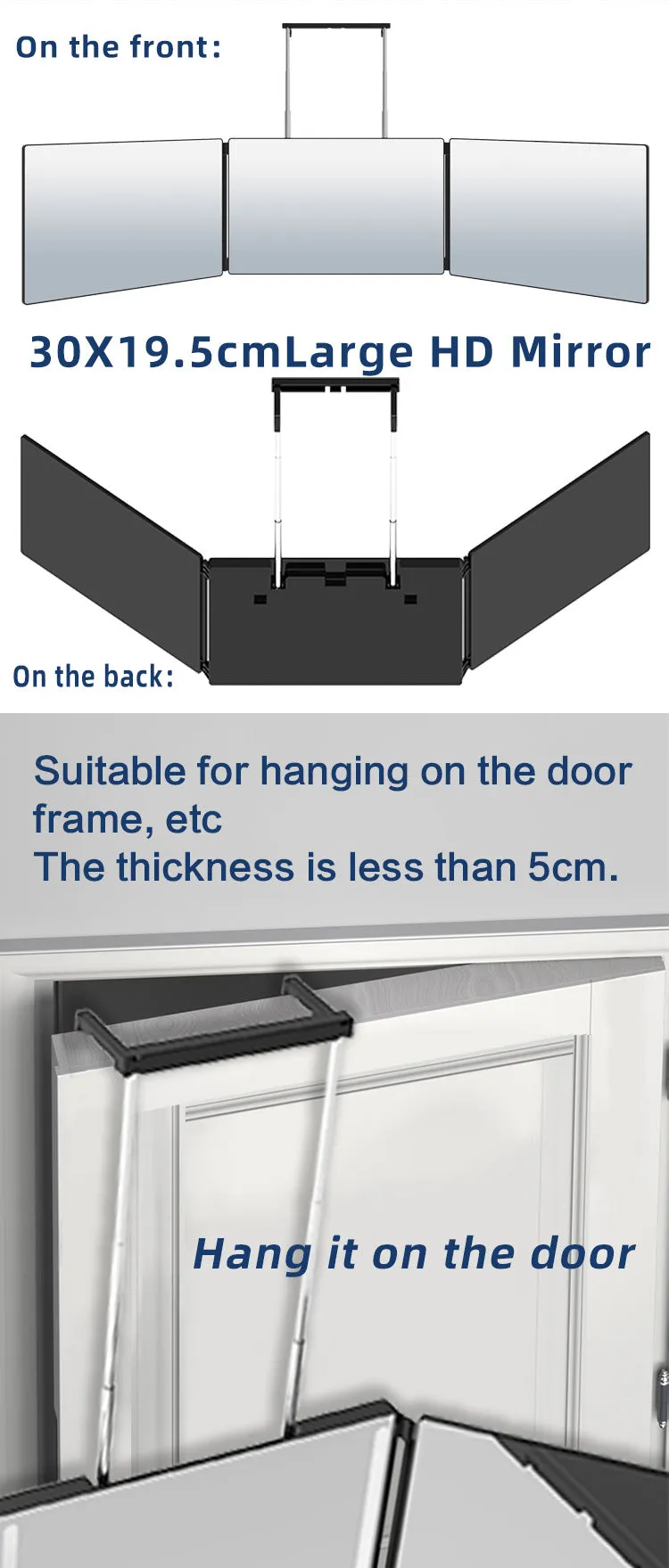 3 Way Tri-fold Self Hair Cutting Mirror adjustable Stretch  Pole Self Cuttting Mirror Hand on the Door Mirror