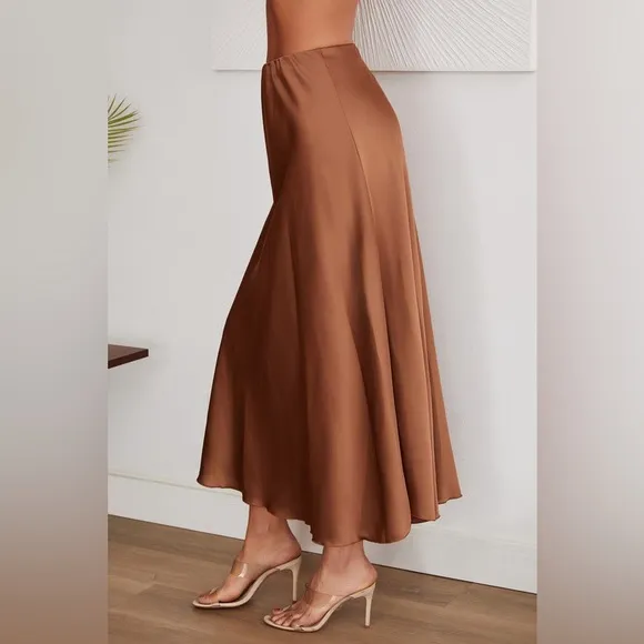 (3390-HUN) SOLID SILKY MAXI SKIRT