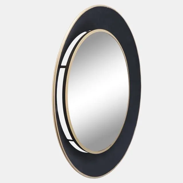 35" Round Metal Mirror W/ Gold Rim in Black
