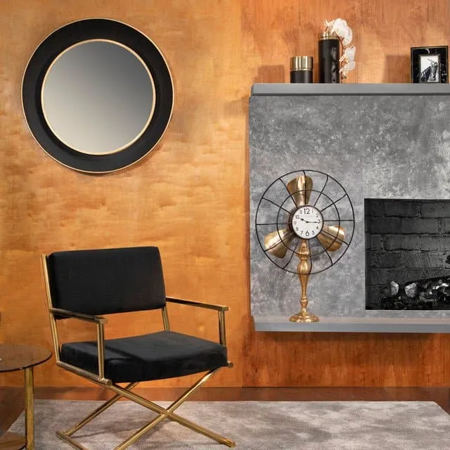 35" Round Metal Mirror W/ Gold Rim in Black