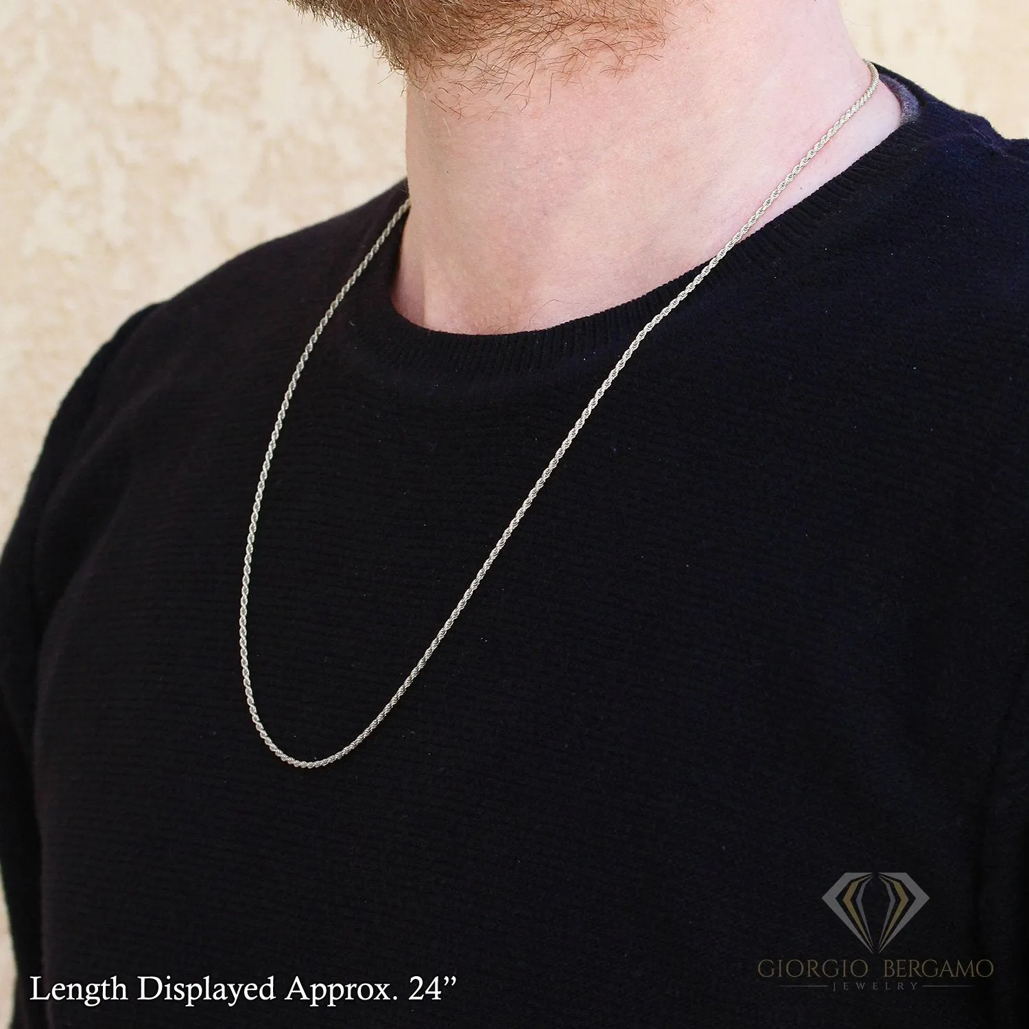 925 Sterling Silver 1.5mm Solid Rope Diamond Cut Rhodium Chain