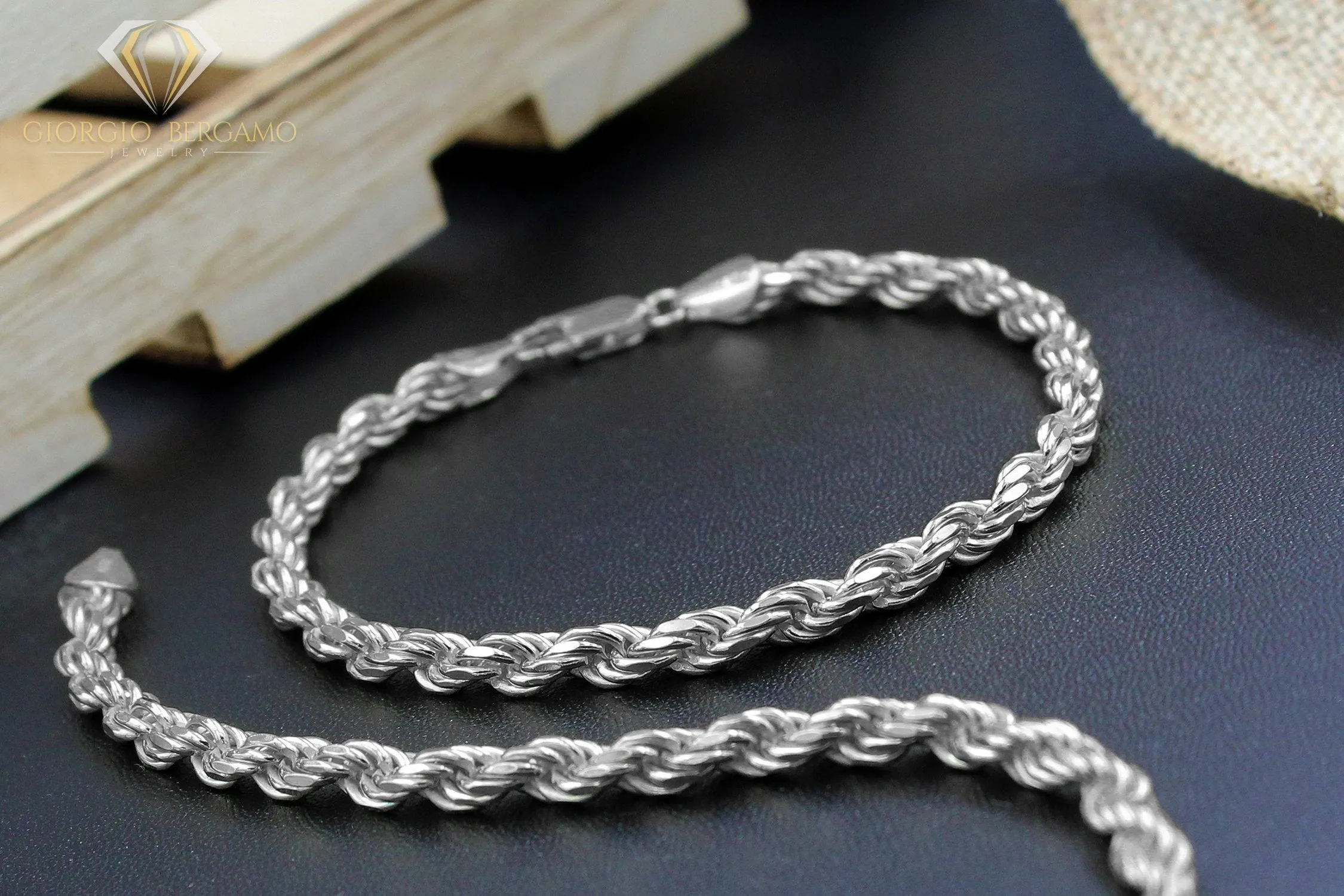 925 Sterling Silver 5mm Solid Rope Diamond Cut Rhodium Bracelet