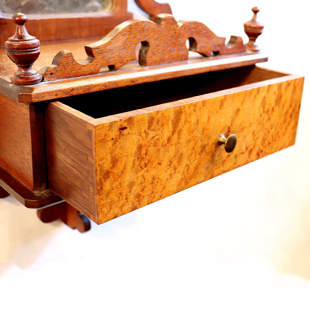 American Eastlake Maple and Walnut Mirrored Wall Shelf with Drawer