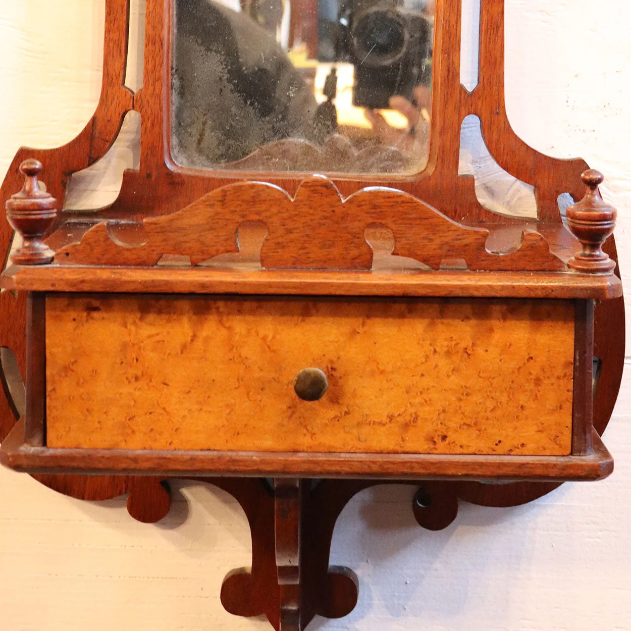 American Eastlake Maple and Walnut Mirrored Wall Shelf with Drawer