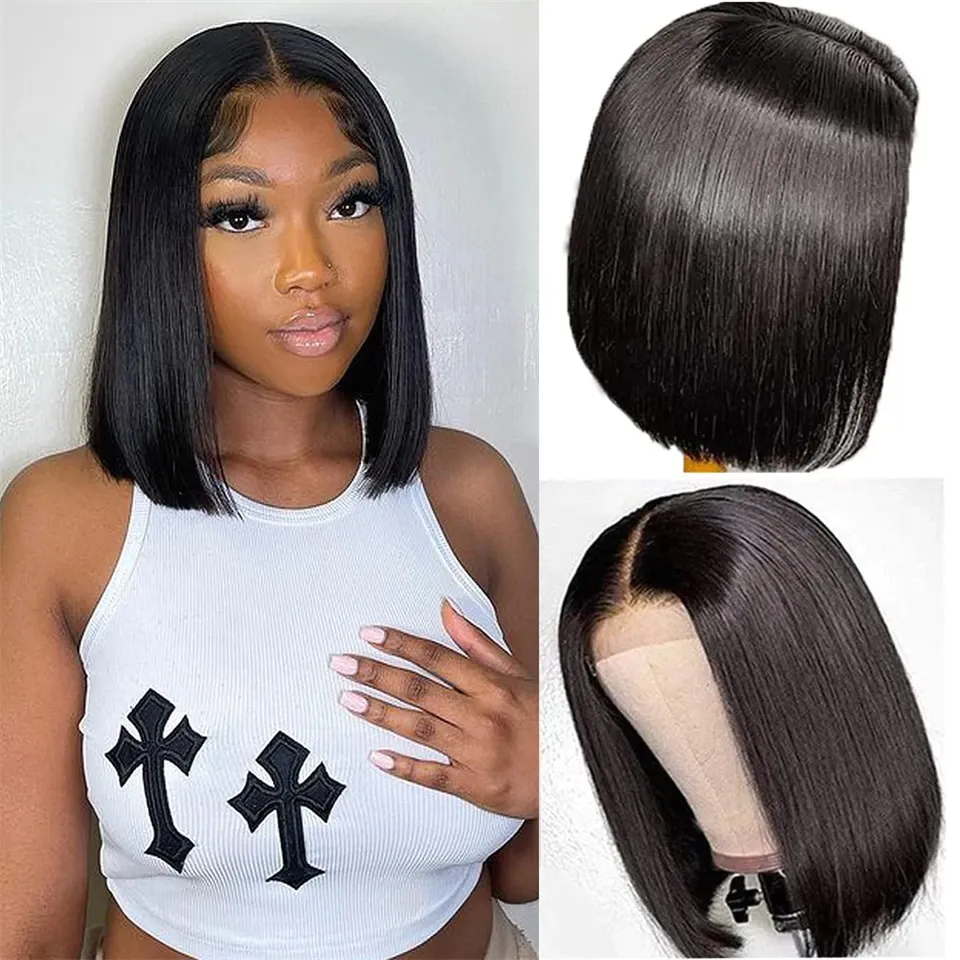 Angie Queen Bob Lace Frontal Wigs Indian Straight Human Hair Wigs Pre-plucked