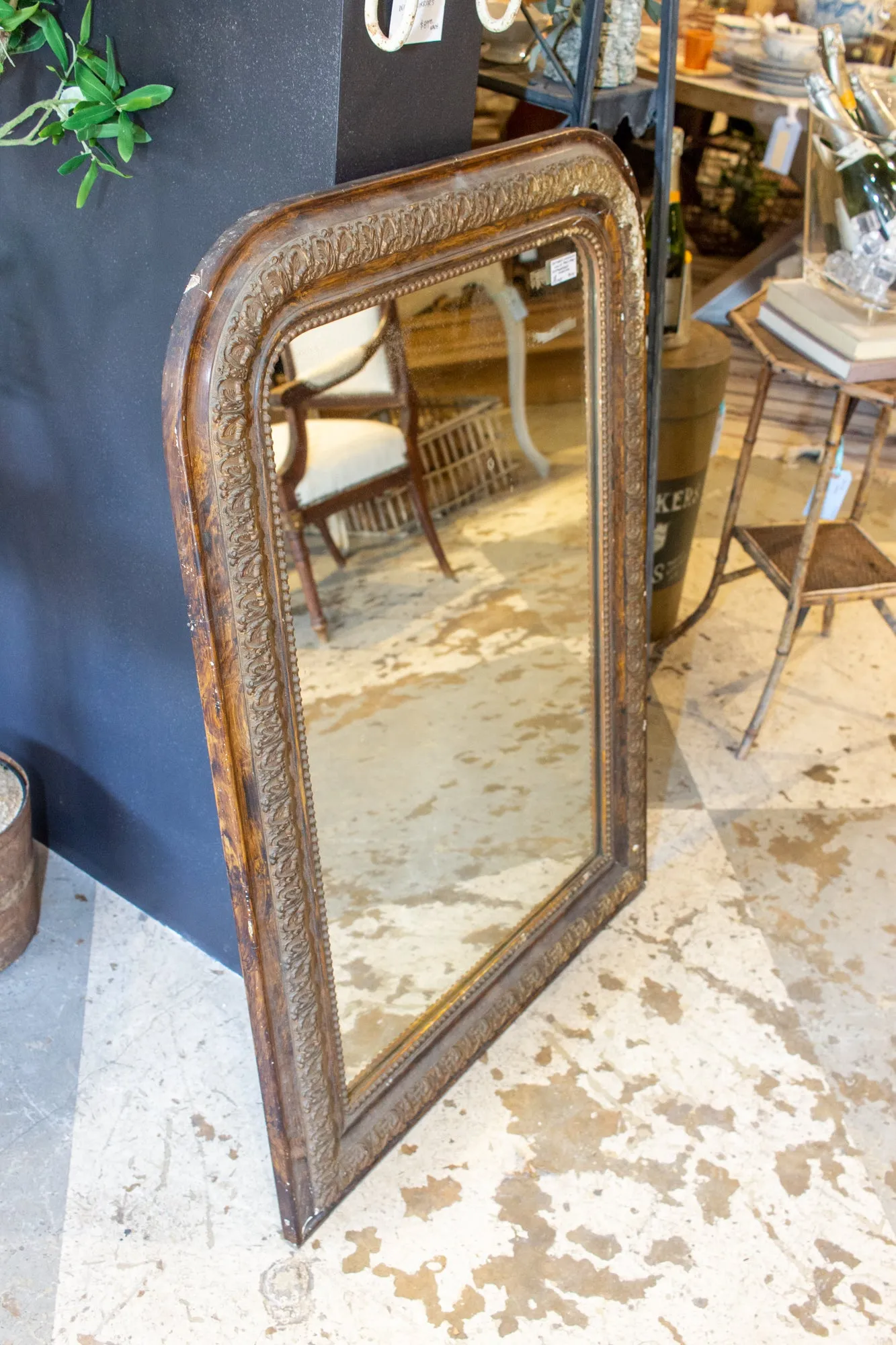 Antique French Distressed Finish Louis Philippe Mirror with Floral Details