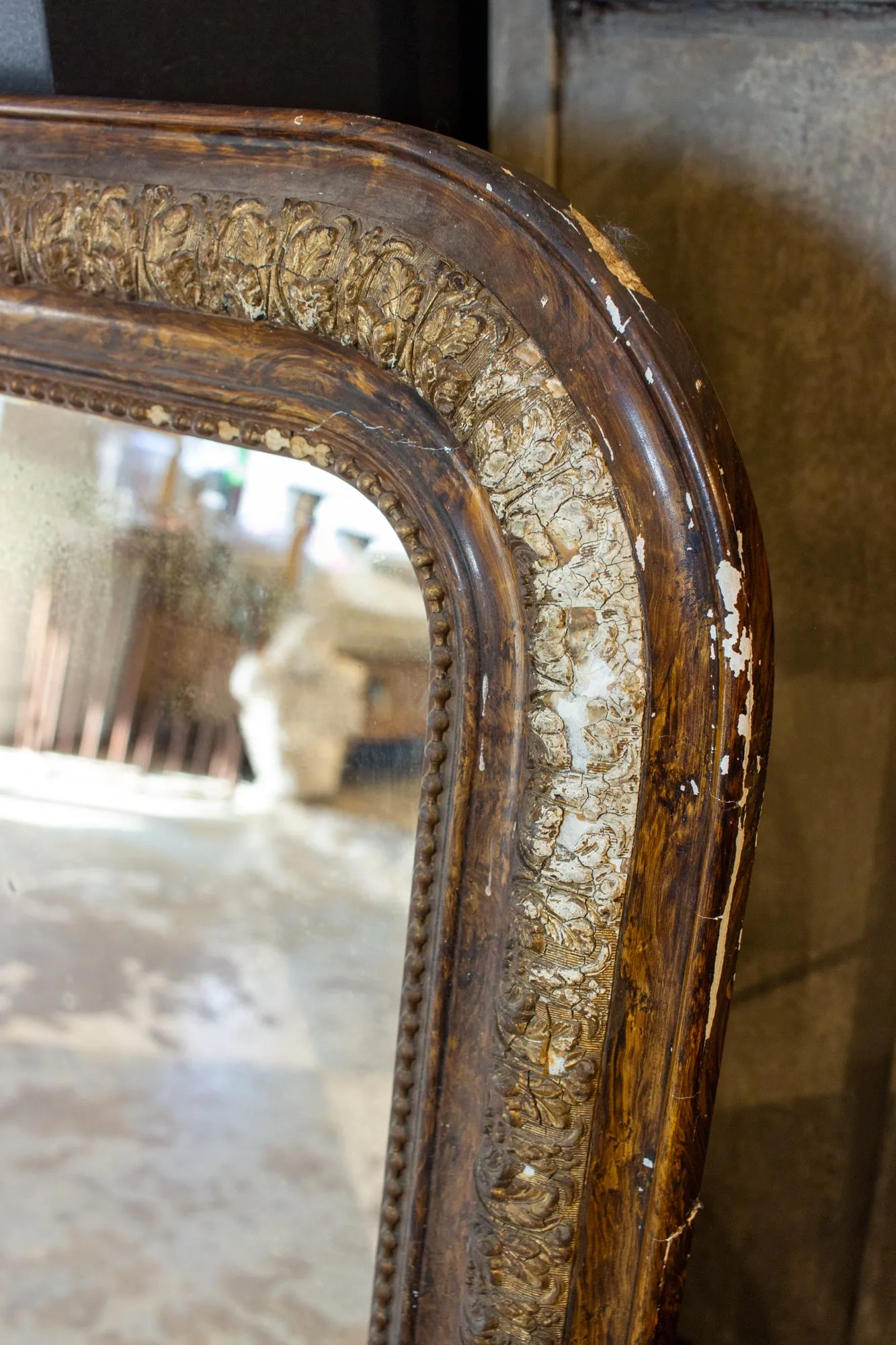 Antique French Distressed Finish Louis Philippe Mirror with Floral Details