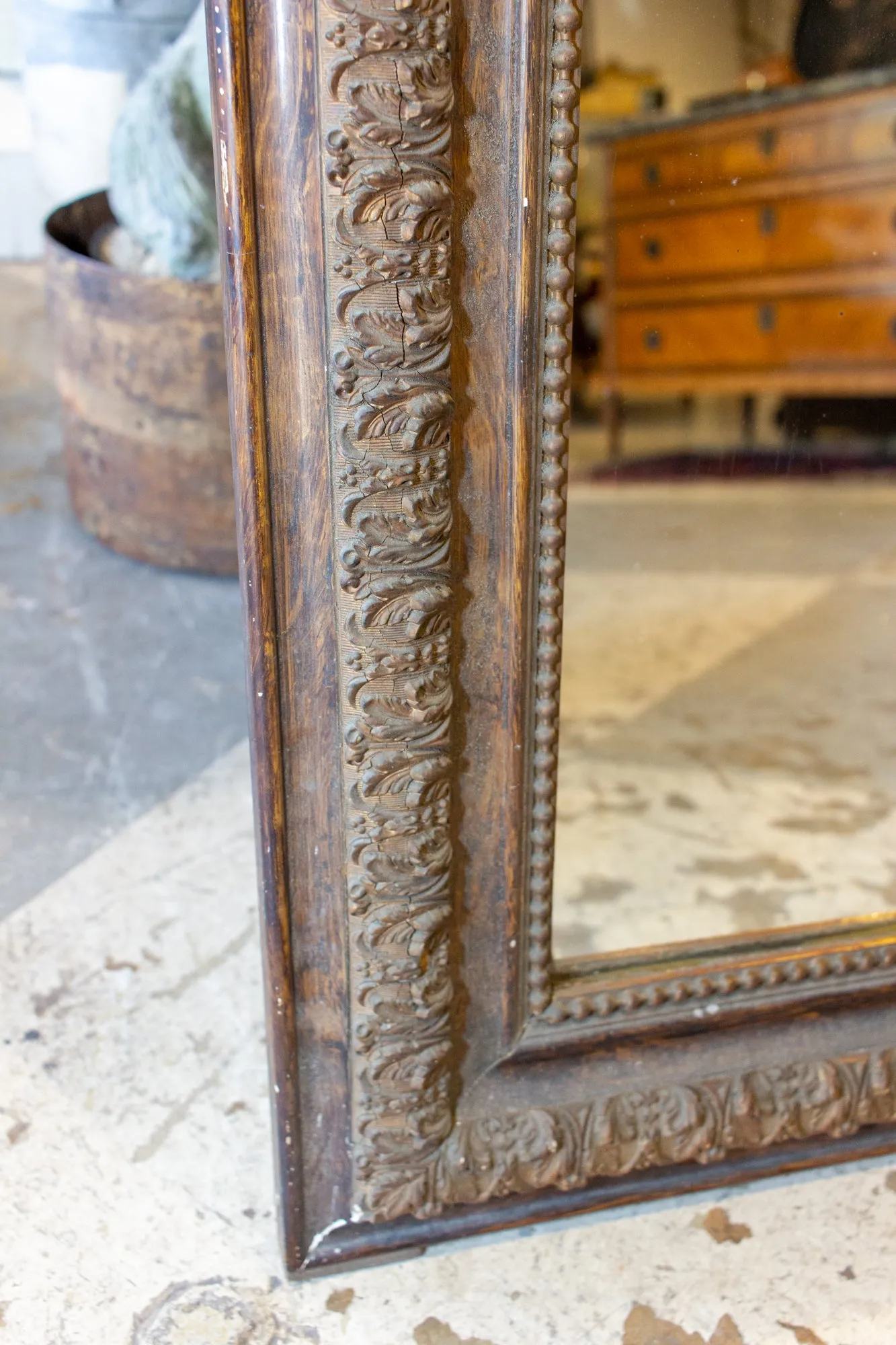 Antique French Distressed Finish Louis Philippe Mirror with Floral Details