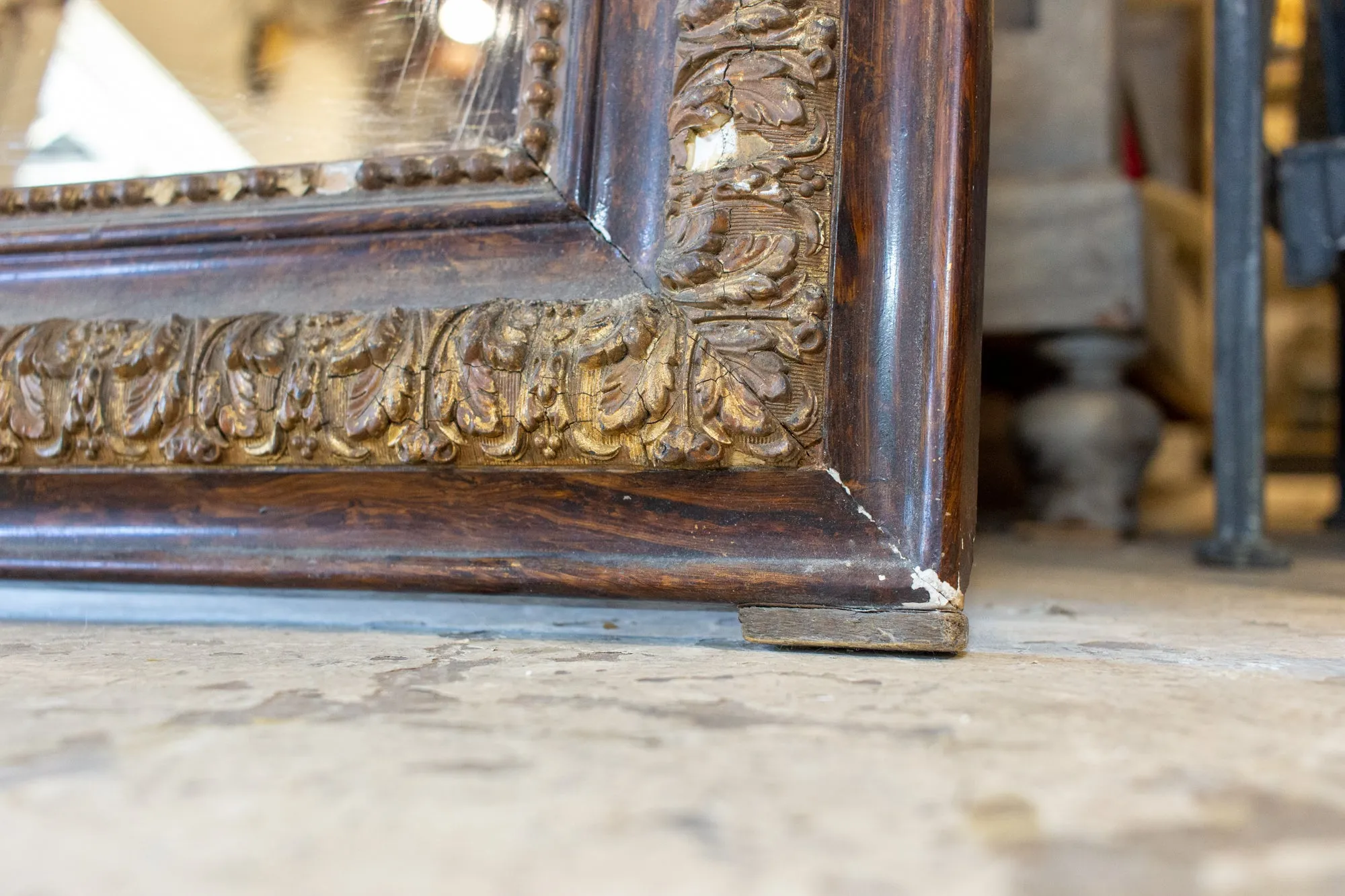 Antique French Distressed Finish Louis Philippe Mirror with Floral Details