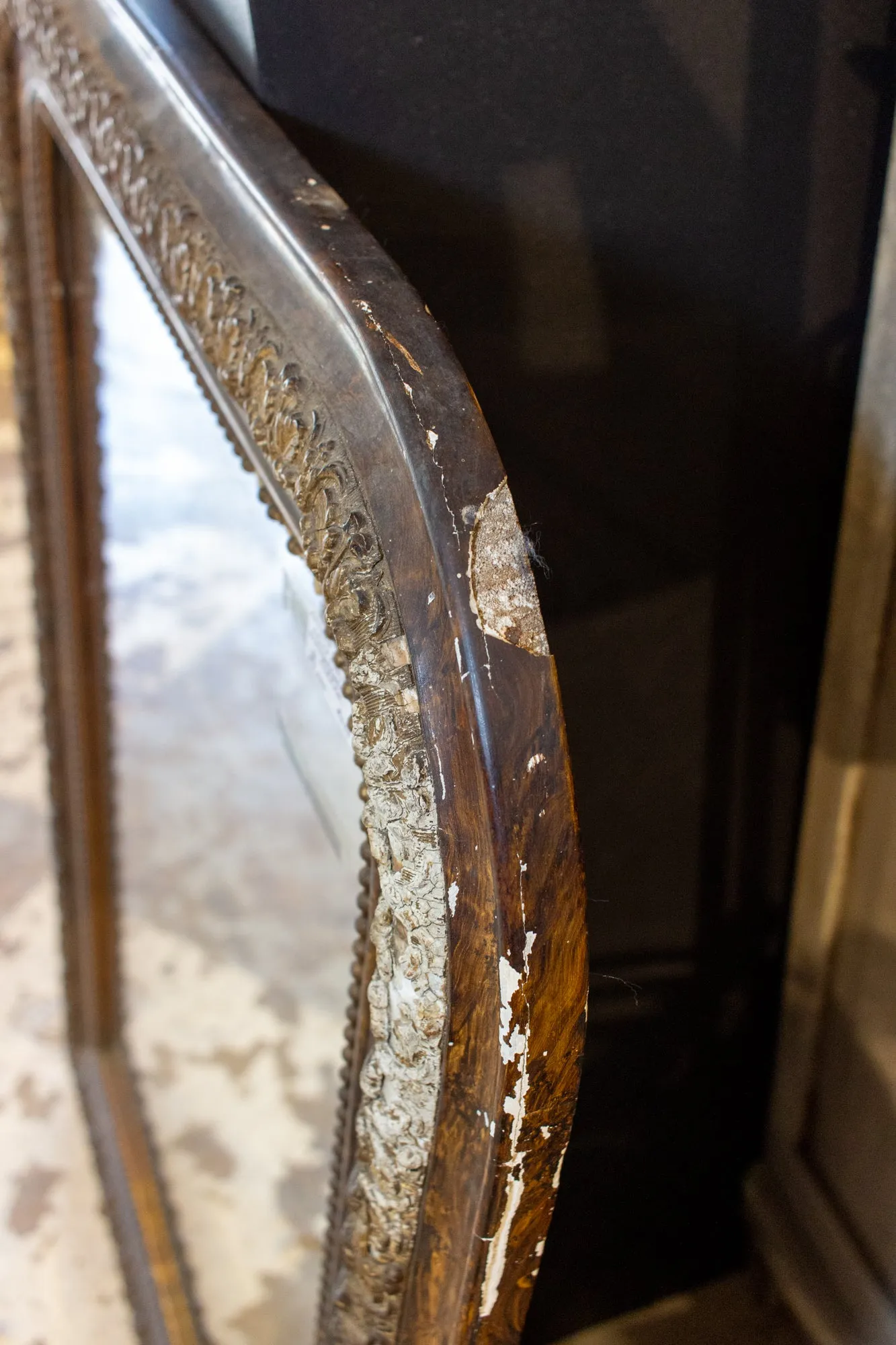 Antique French Distressed Finish Louis Philippe Mirror with Floral Details