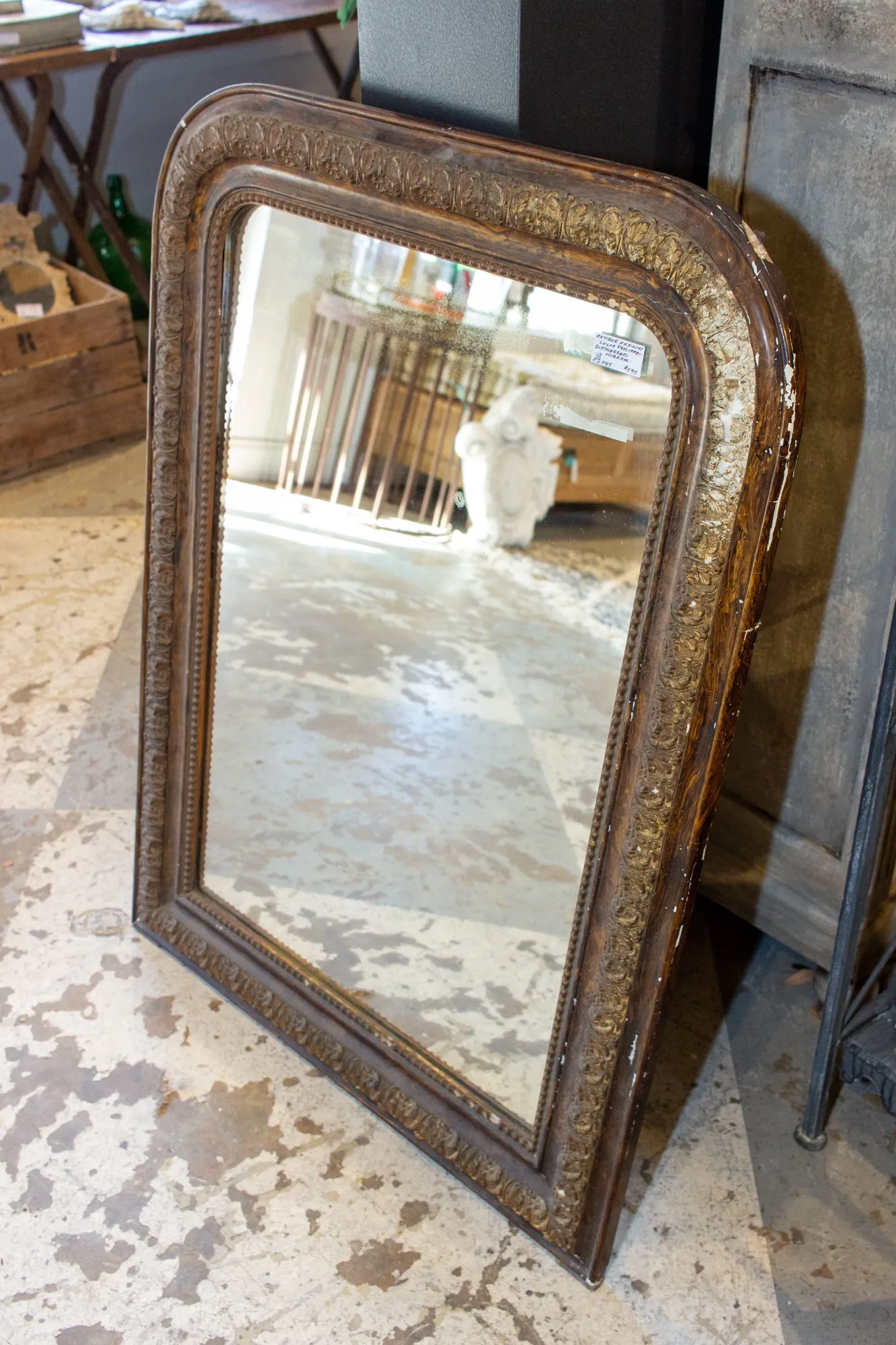 Antique French Distressed Finish Louis Philippe Mirror with Floral Details