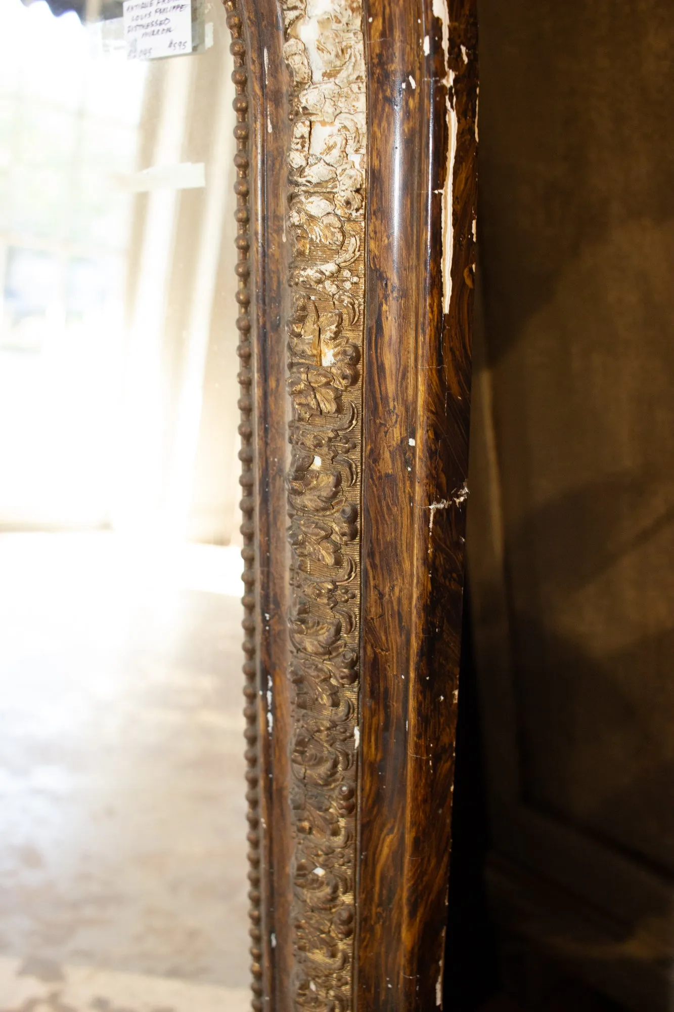 Antique French Distressed Finish Louis Philippe Mirror with Floral Details