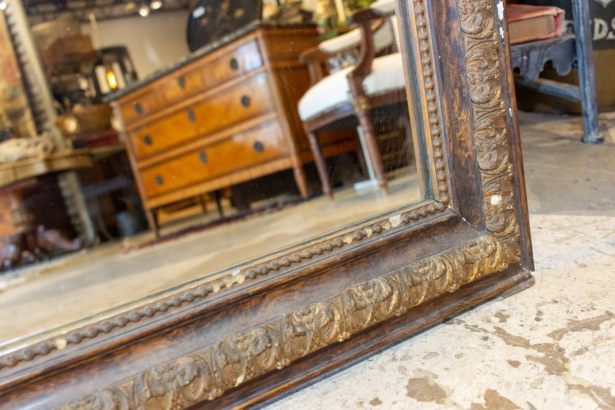 Antique French Distressed Finish Louis Philippe Mirror with Floral Details