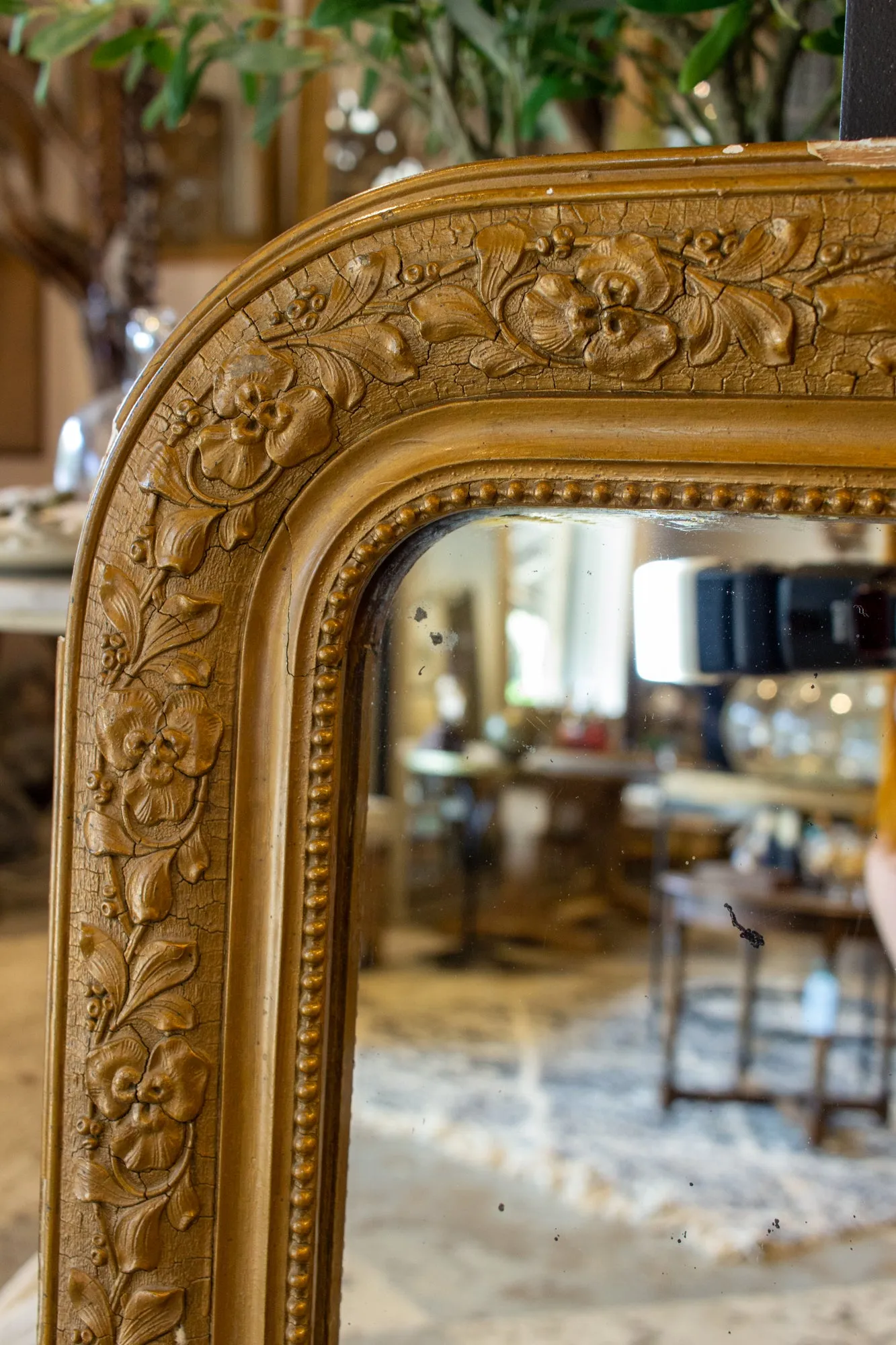 Antique French Distressed Gilt Finish Louis Philippe Mirror with Floral Details