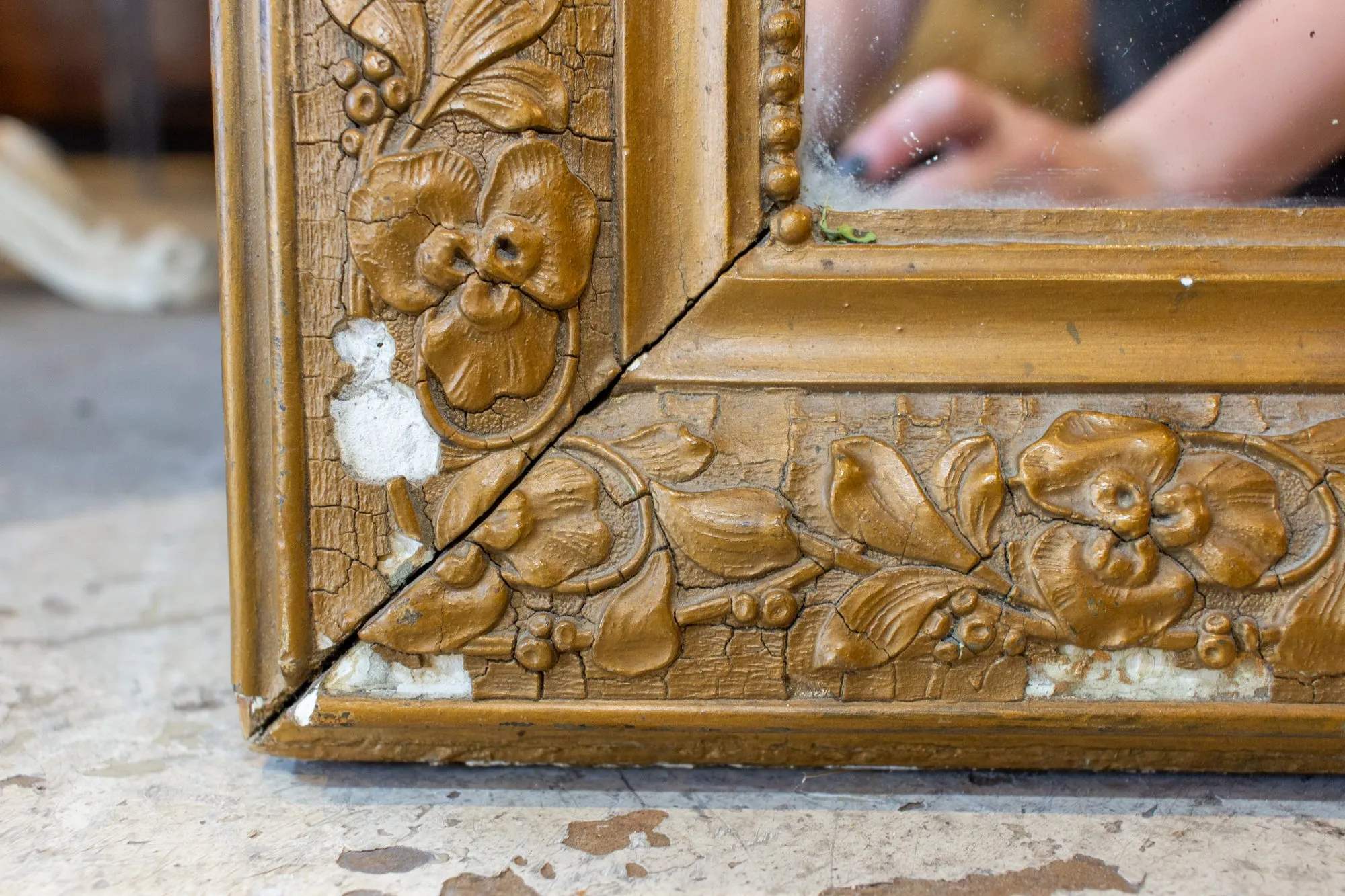 Antique French Distressed Gilt Finish Louis Philippe Mirror with Floral Details