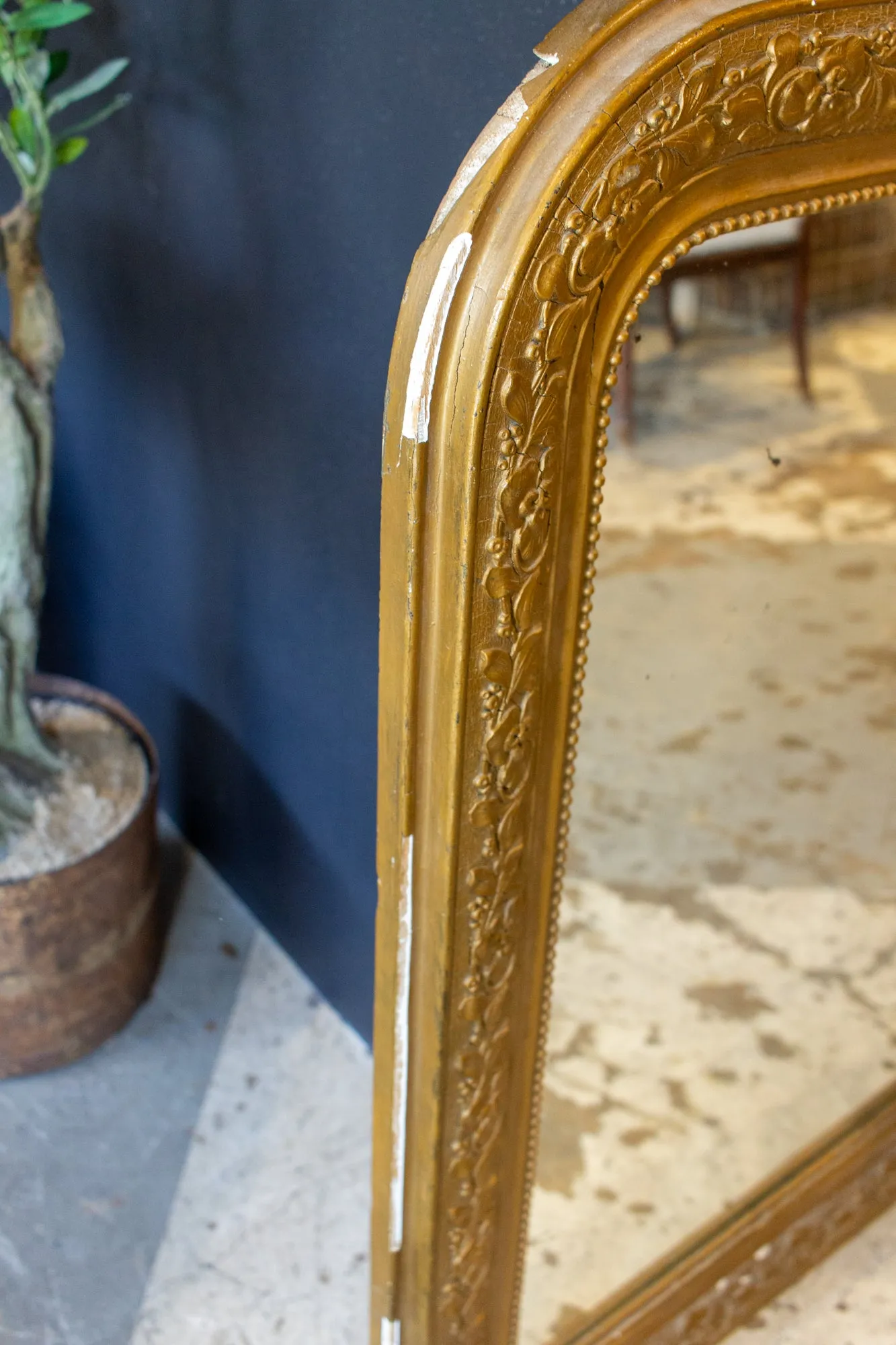 Antique French Distressed Gilt Finish Louis Philippe Mirror with Floral Details