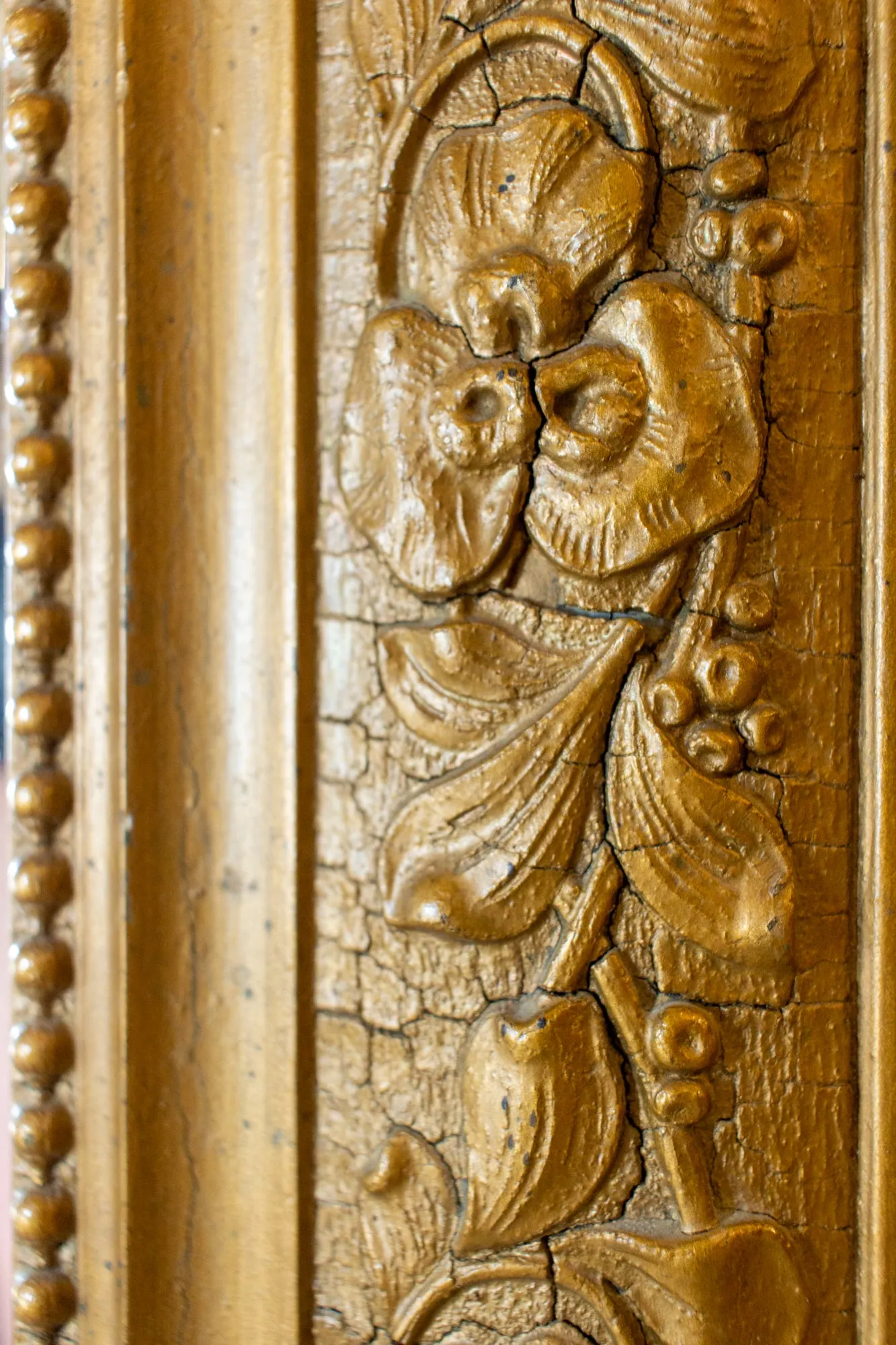 Antique French Distressed Gilt Finish Louis Philippe Mirror with Floral Details
