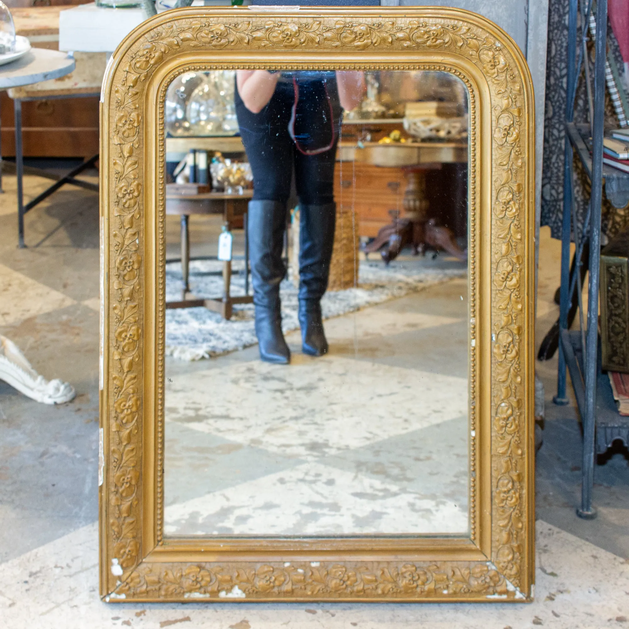 Antique French Distressed Gilt Finish Louis Philippe Mirror with Floral Details