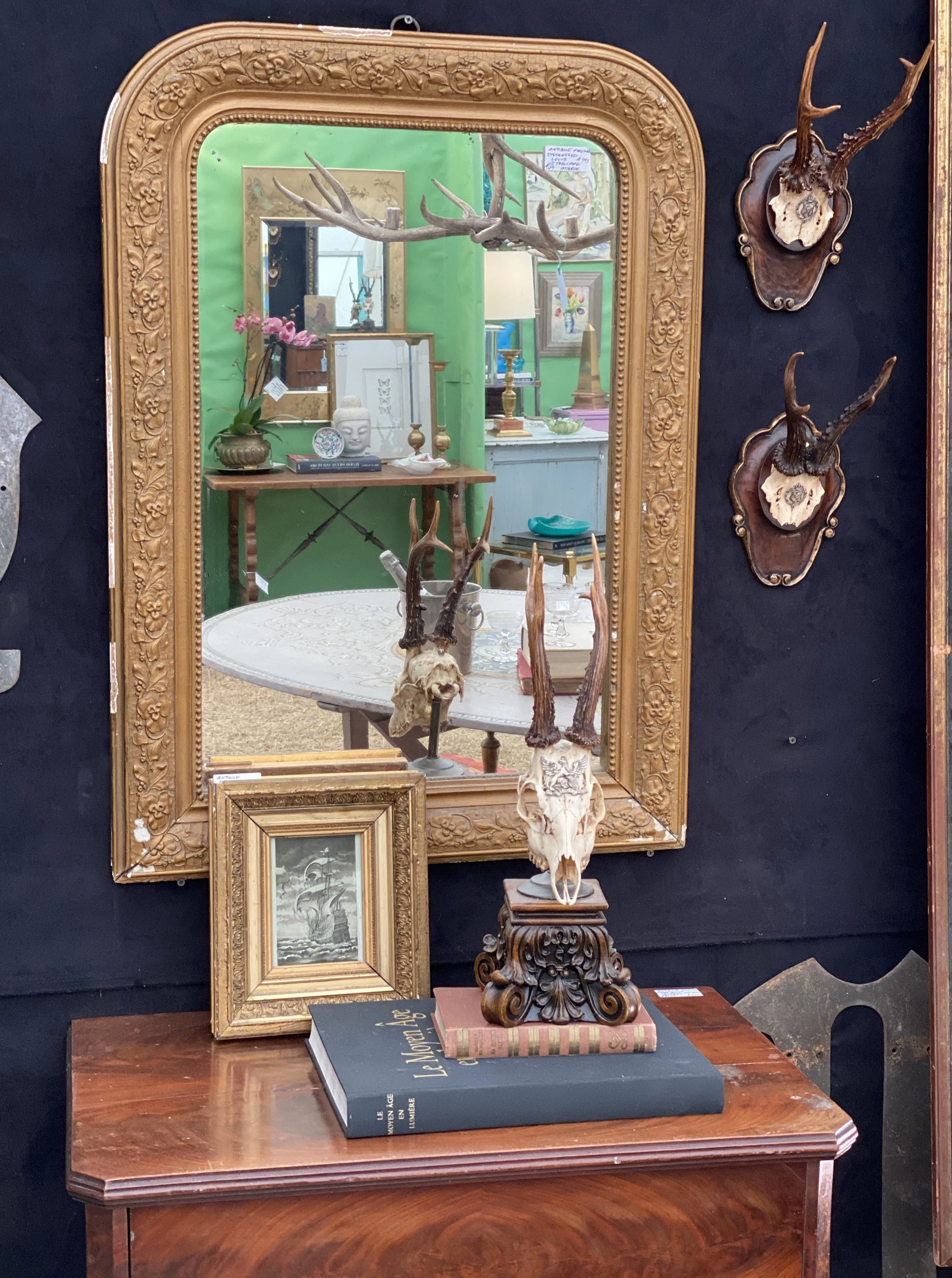 Antique French Distressed Gilt Finish Louis Philippe Mirror with Floral Details