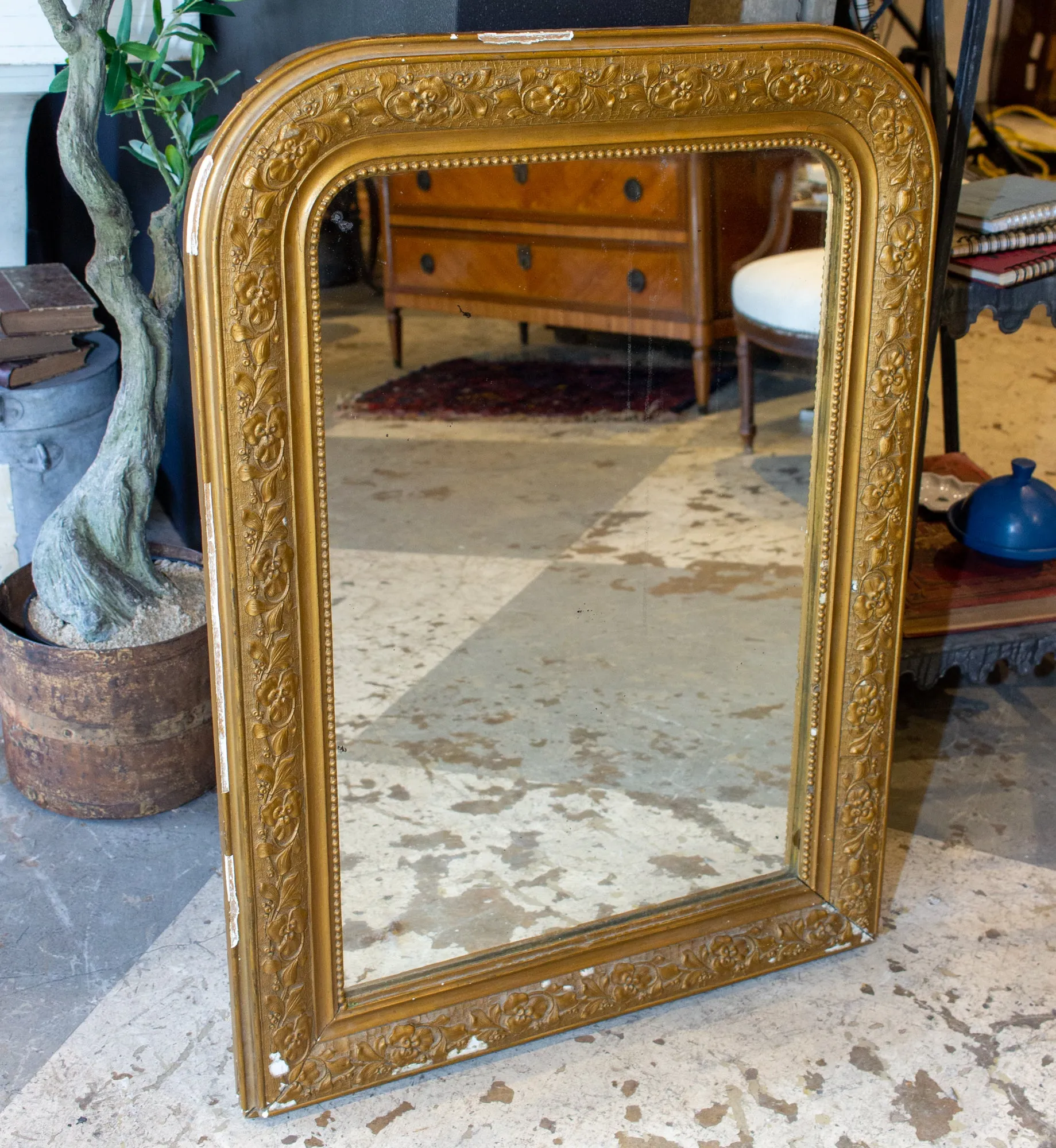Antique French Distressed Gilt Finish Louis Philippe Mirror with Floral Details