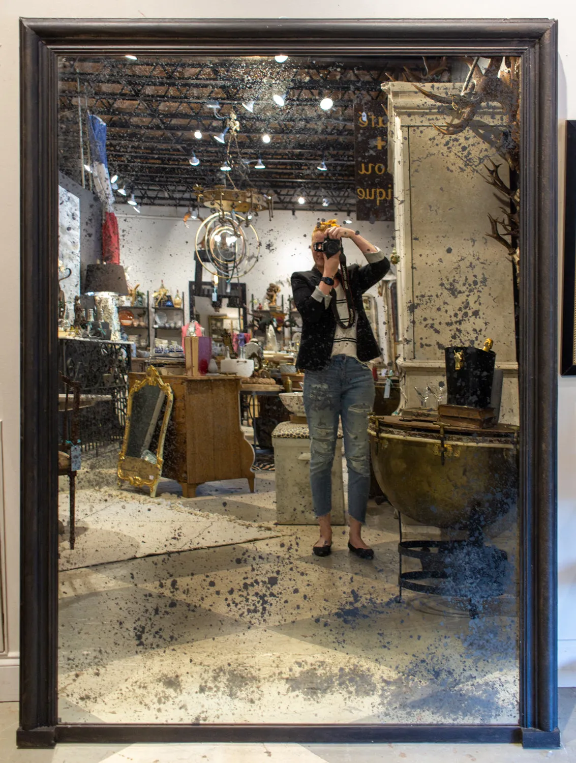 Antique French Full-Length Mirror in Hand-painted Black Frame
