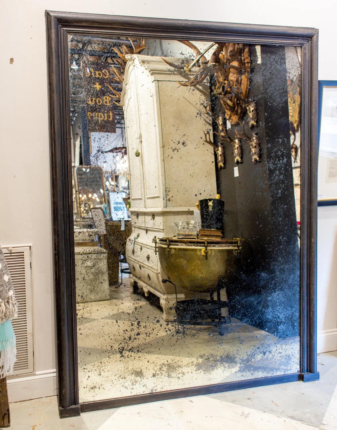 Antique French Full-Length Mirror in Hand-painted Black Frame