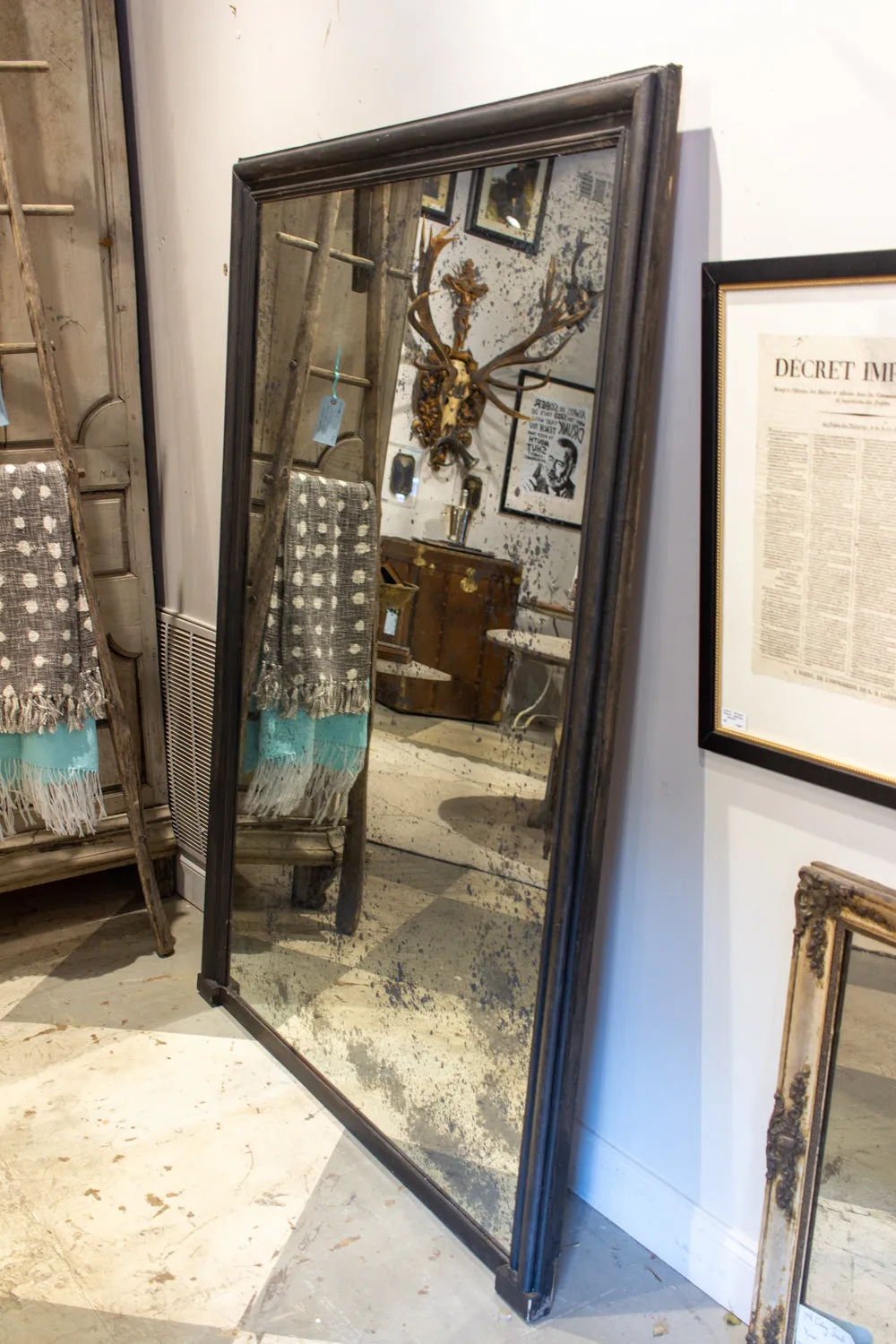 Antique French Full-Length Mirror in Hand-painted Black Frame