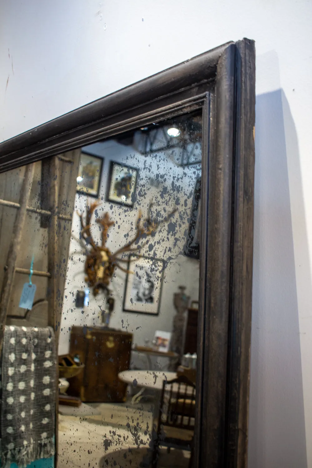 Antique French Full-Length Mirror in Hand-painted Black Frame