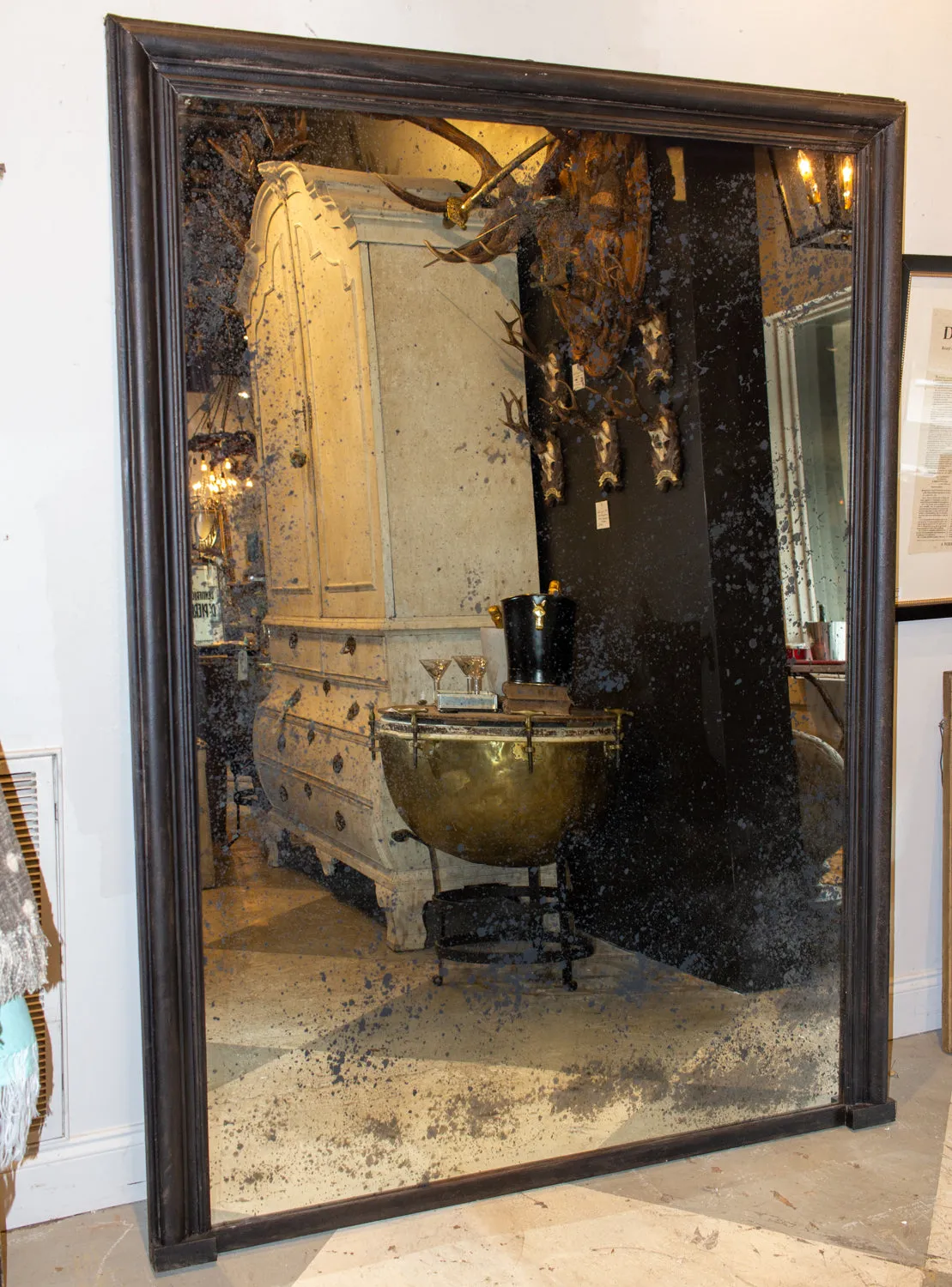 Antique French Full-Length Mirror in Hand-painted Black Frame