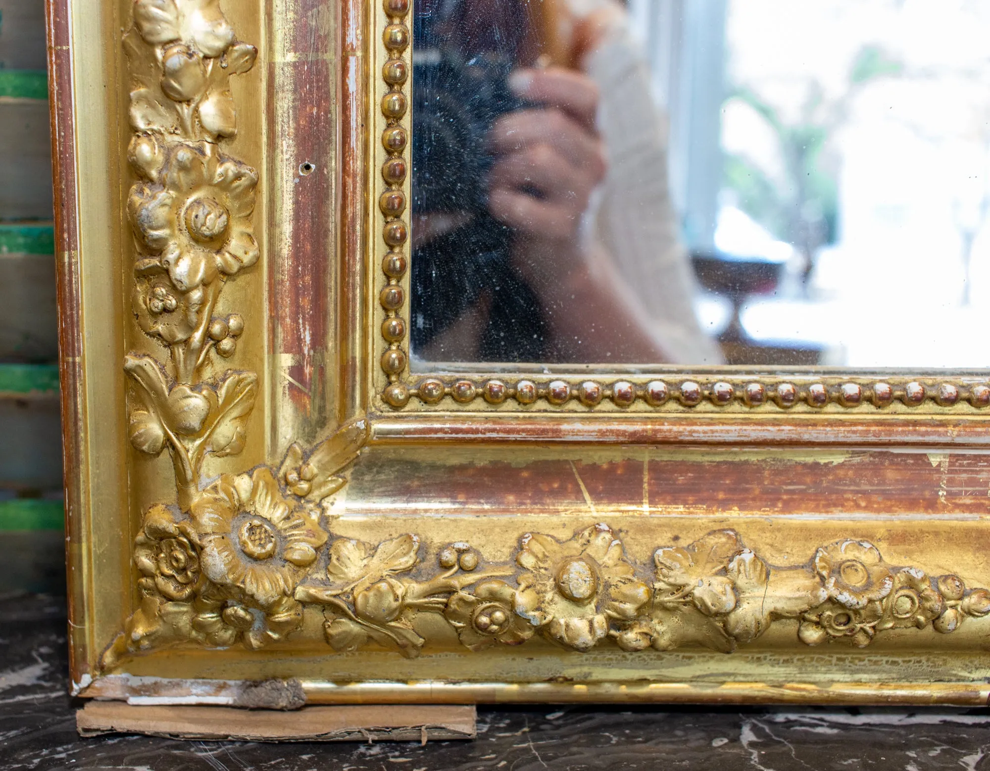 Antique French Gilt Louis Philippe Mirror with Floral Detail & Original Glass