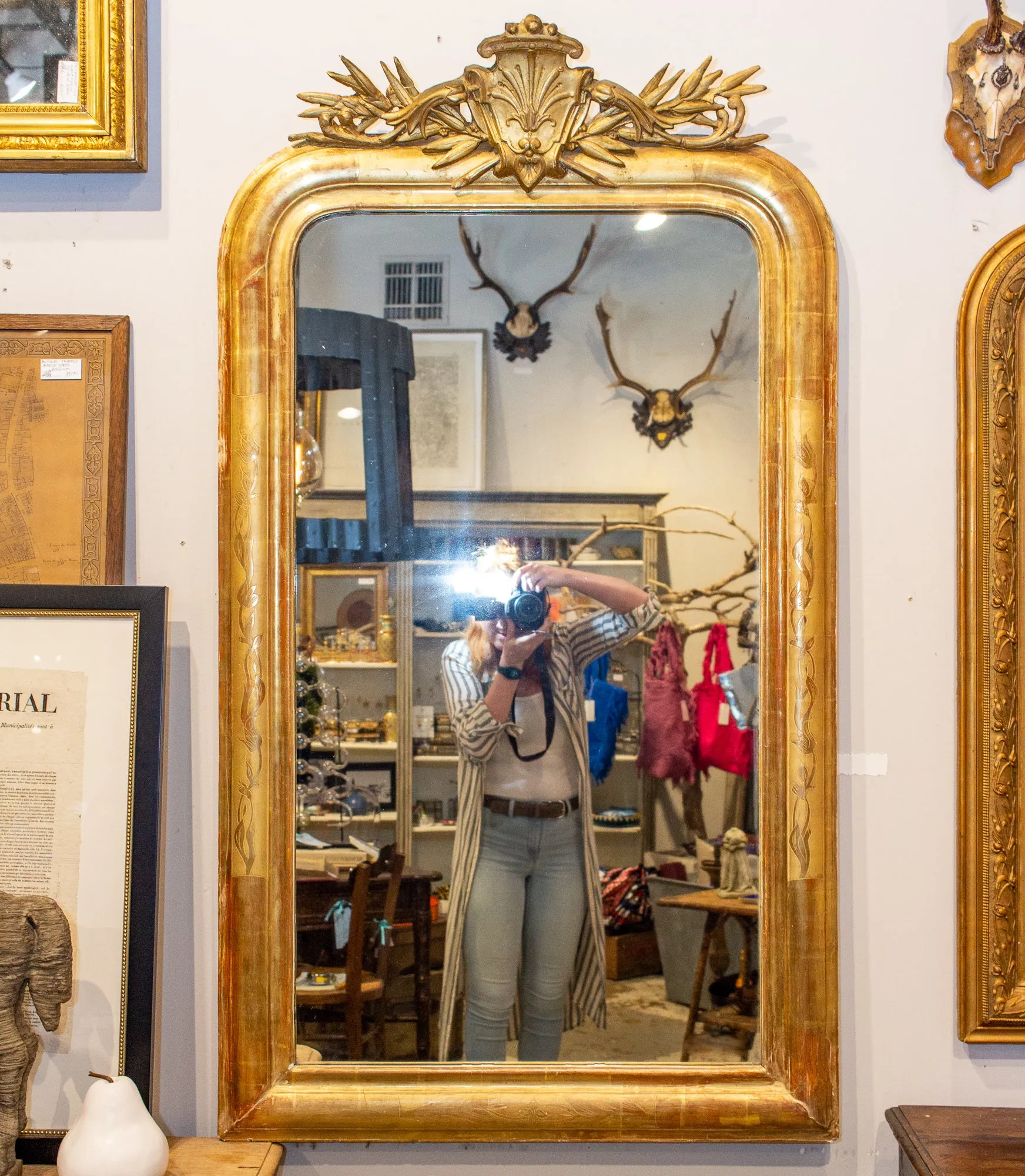 Antique French Gilt Louis Philippe Mirror with Ornate Cartouche and Floral Frame
