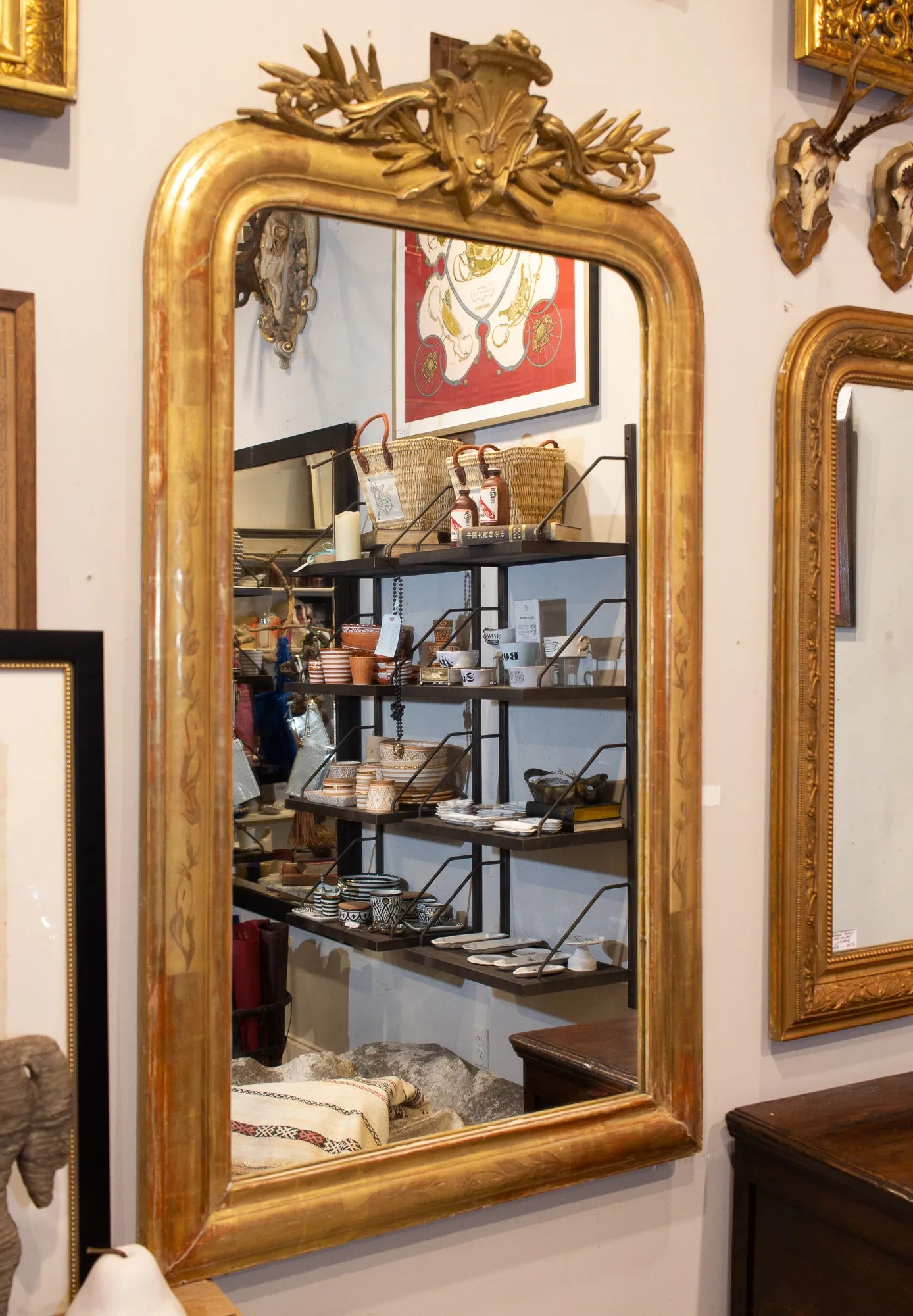 Antique French Gilt Louis Philippe Mirror with Ornate Cartouche and Floral Frame