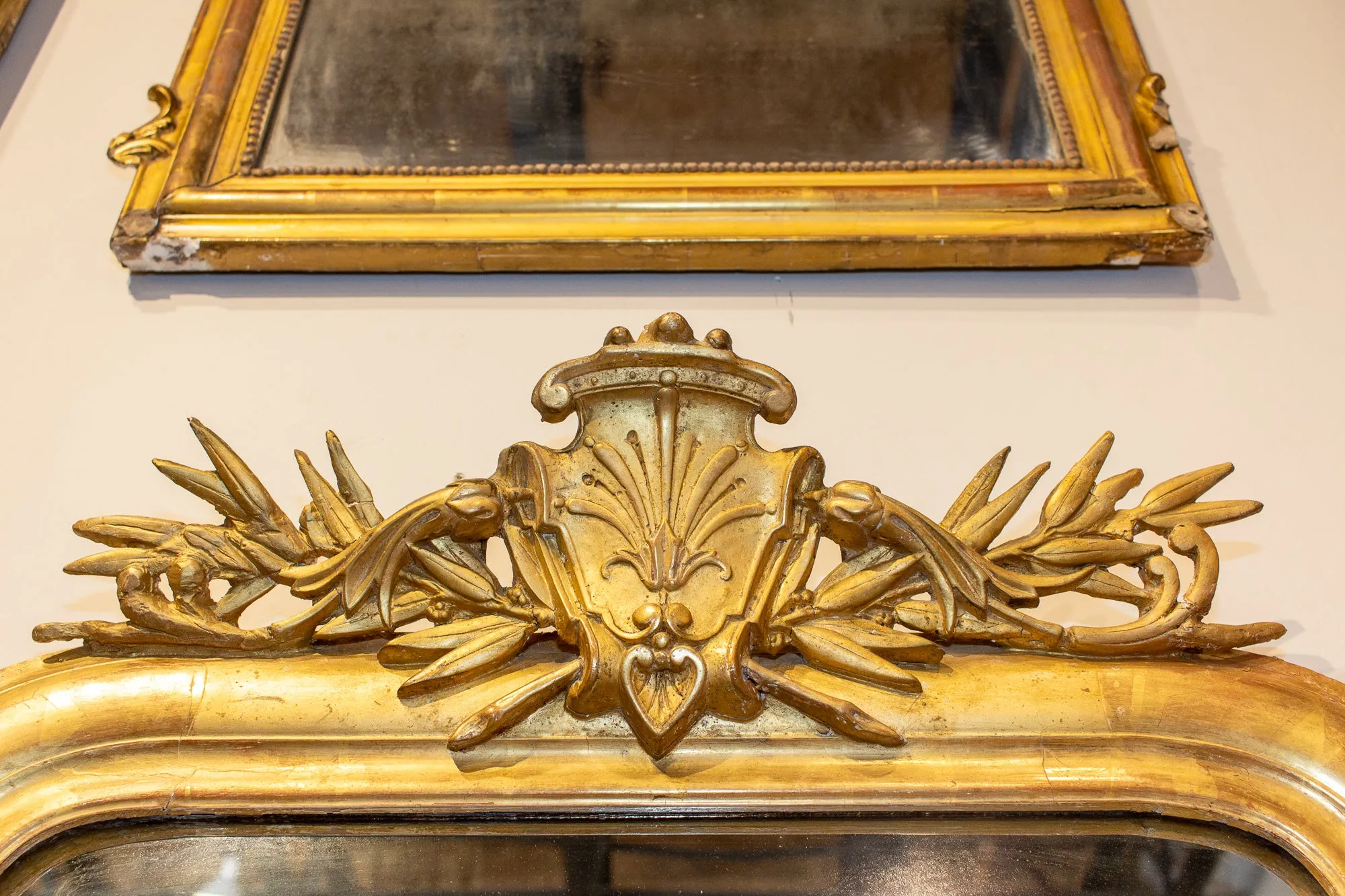 Antique French Gilt Louis Philippe Mirror with Ornate Cartouche and Floral Frame
