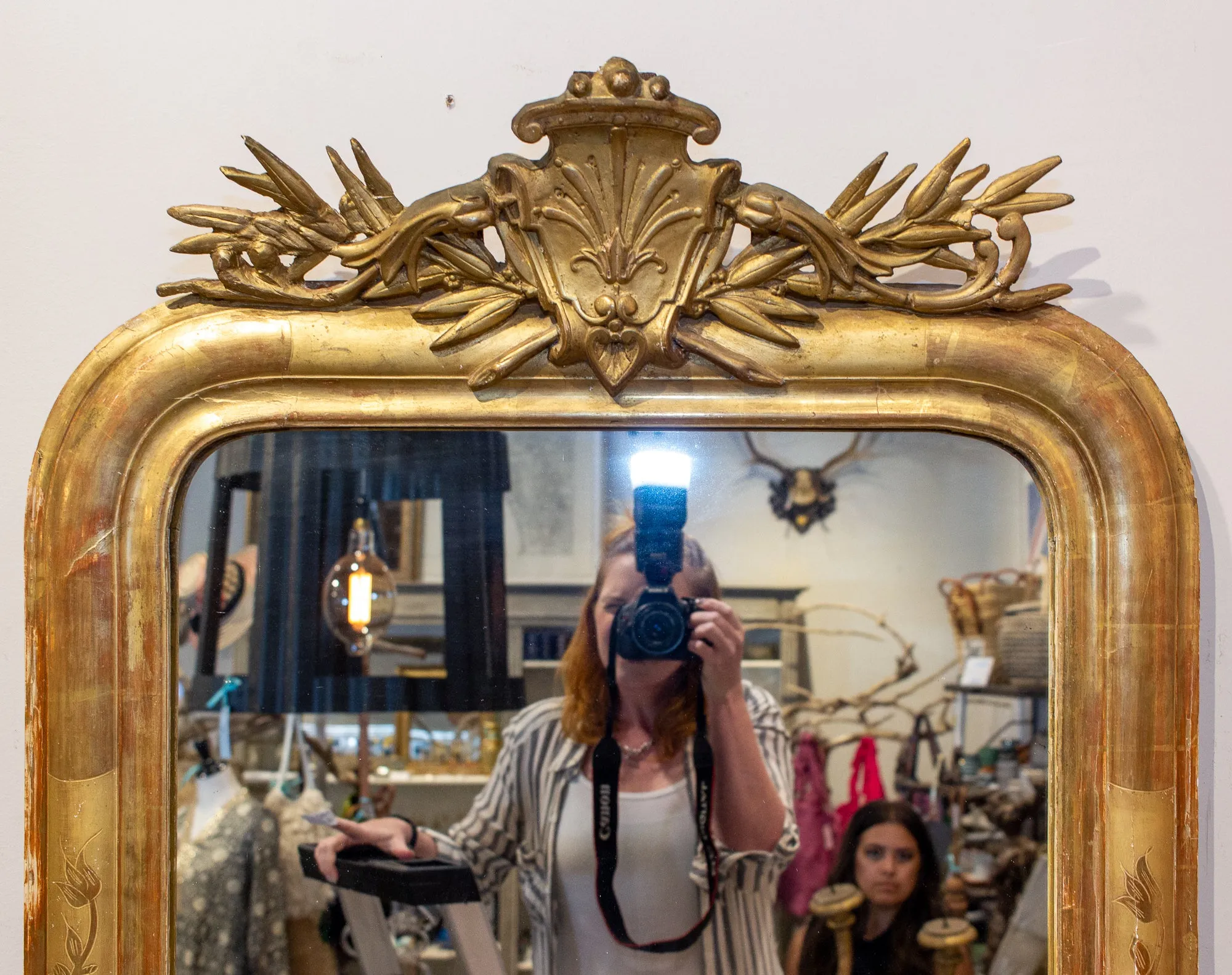 Antique French Gilt Louis Philippe Mirror with Ornate Cartouche and Floral Frame