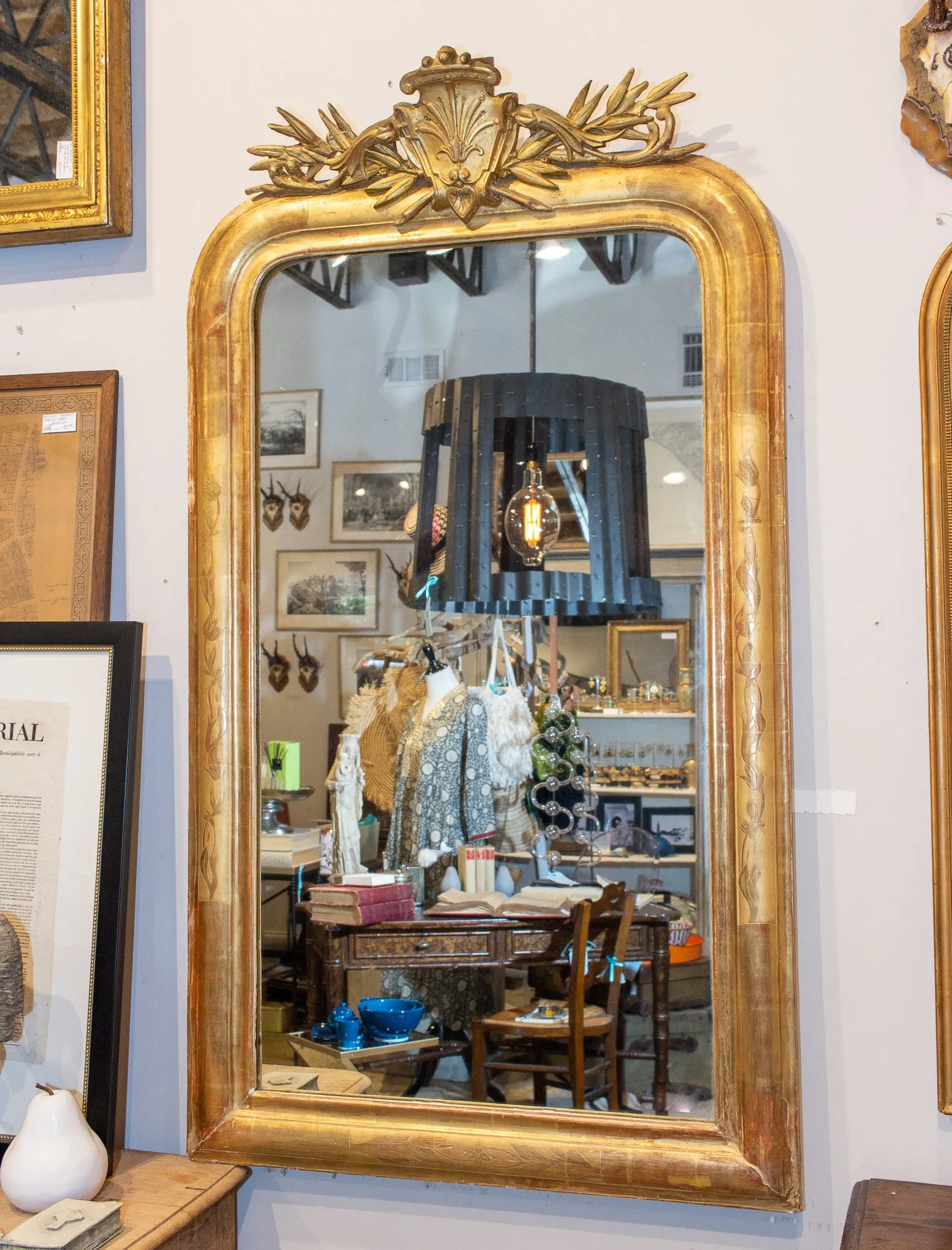 Antique French Gilt Louis Philippe Mirror with Ornate Cartouche and Floral Frame