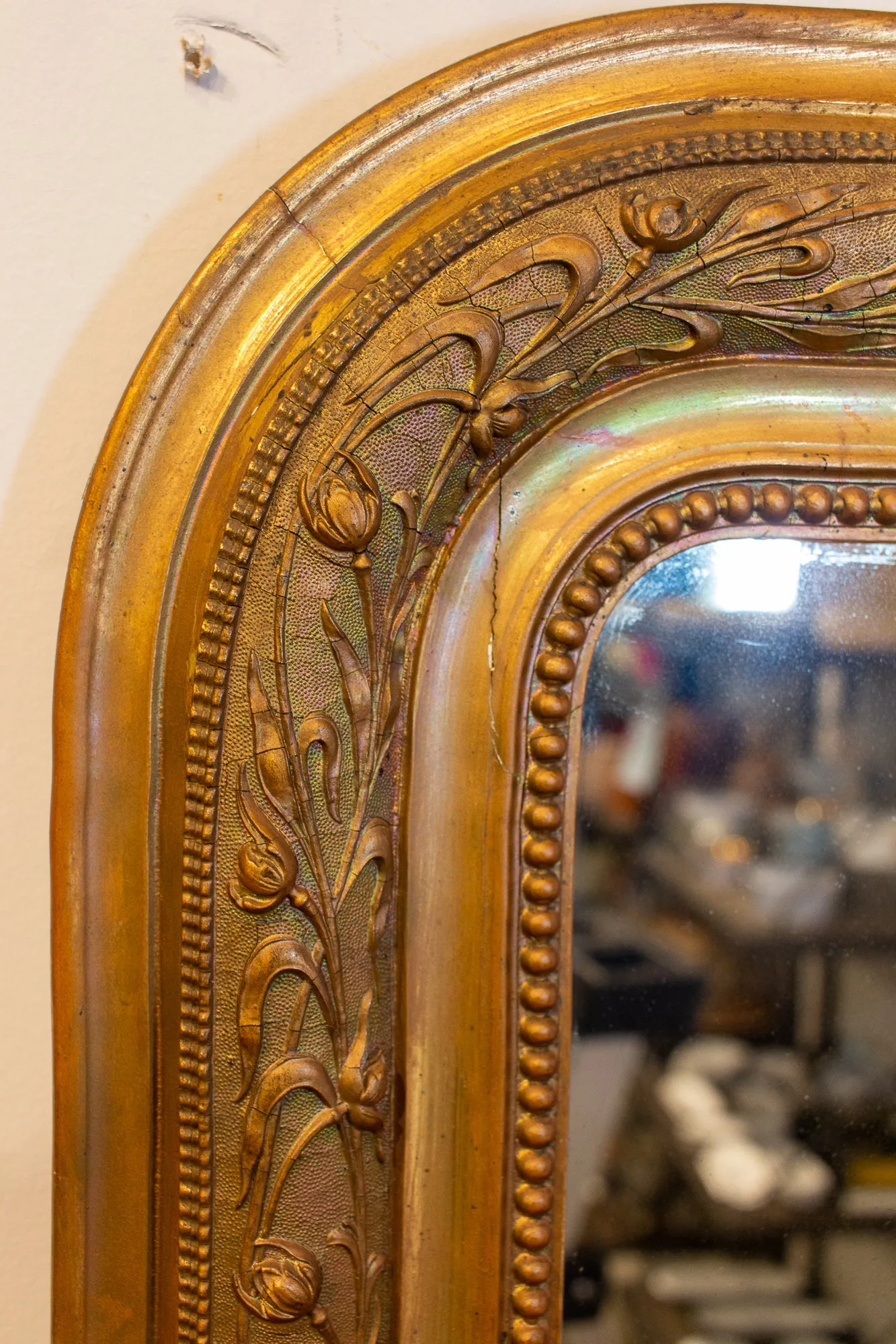 Antique French Louis Philippe Gilt Mirror with Detailed Floral Frame