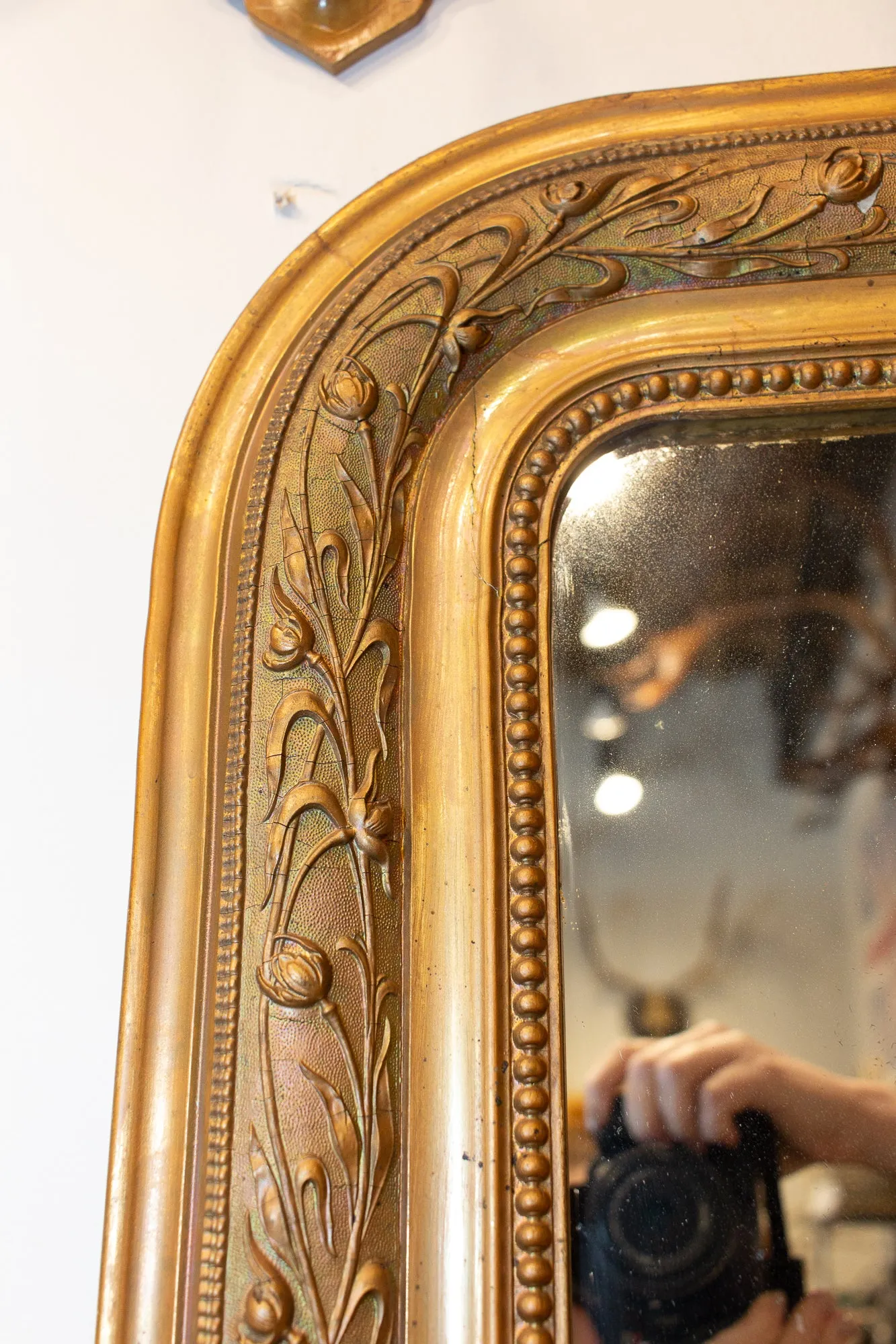 Antique French Louis Philippe Gilt Mirror with Detailed Floral Frame